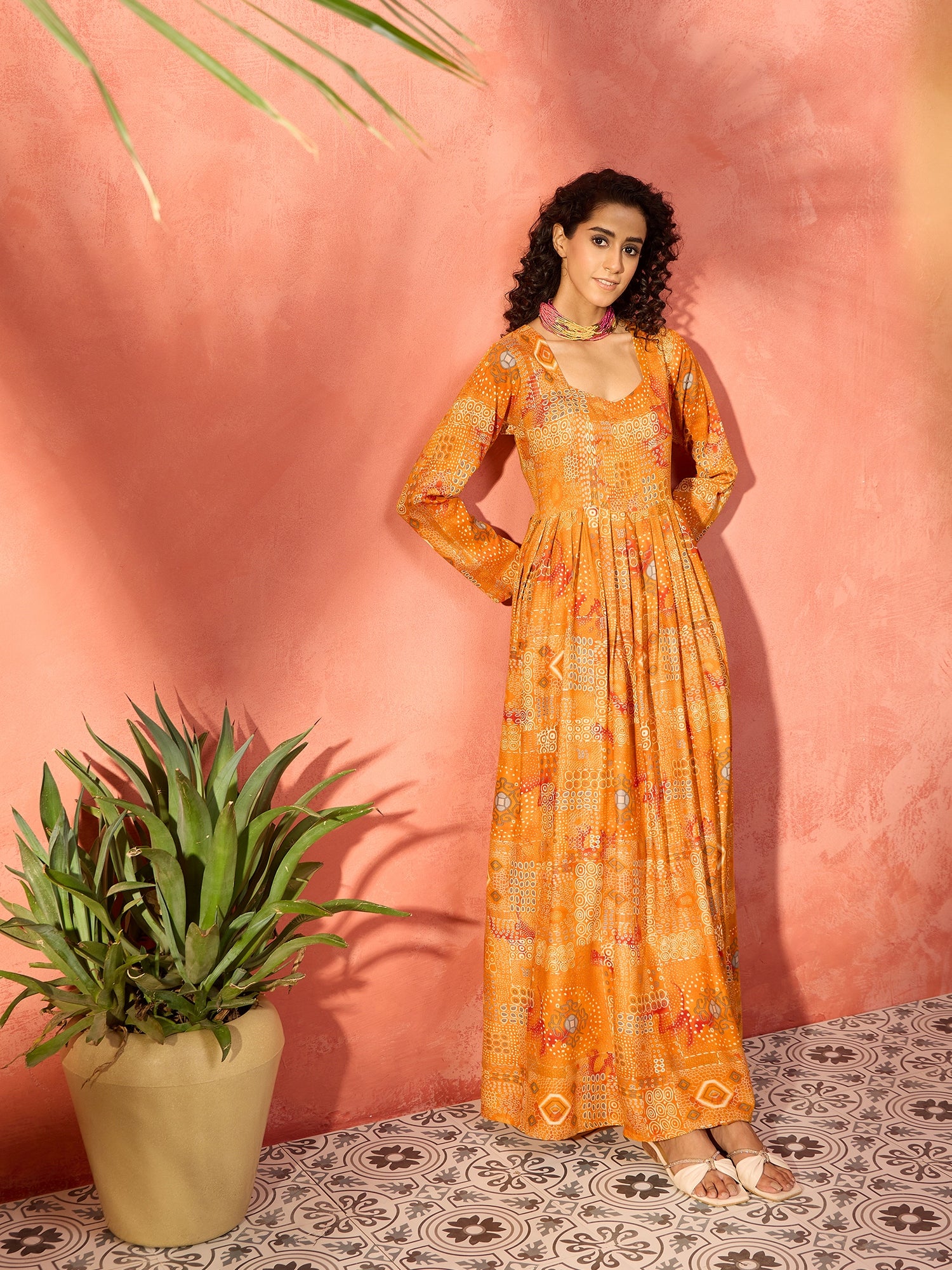 Yam Orange Unique Foil Sweetheart Neck Long Anarkali Kurta