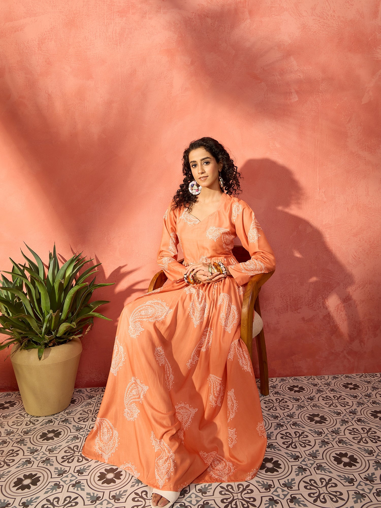 Halloween Orange Paisley Sweetheart Neck Long Anarkali Kurta