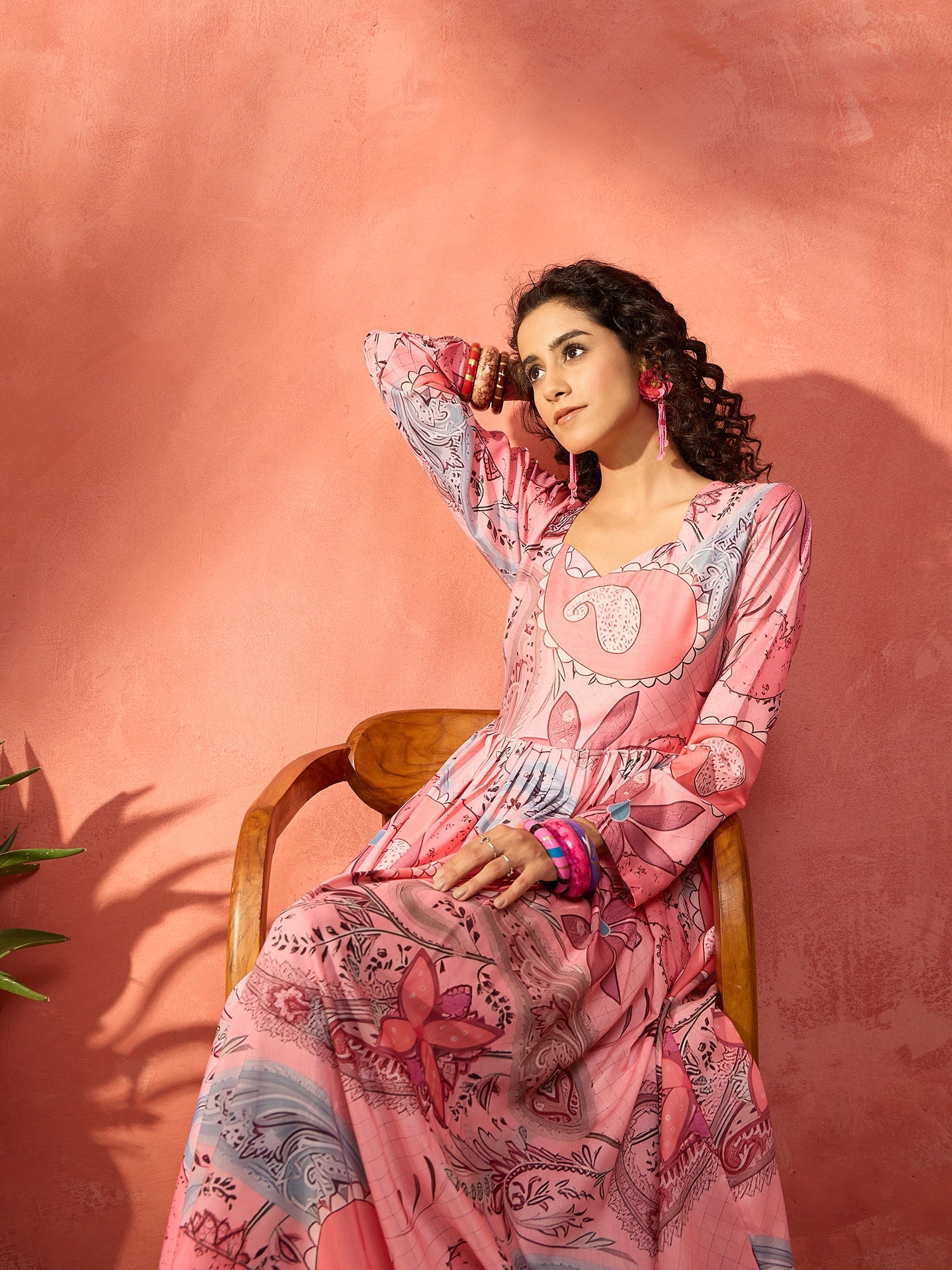 Salmon Pink Paisley Sweetheart Neck Long Anarkali Kurta