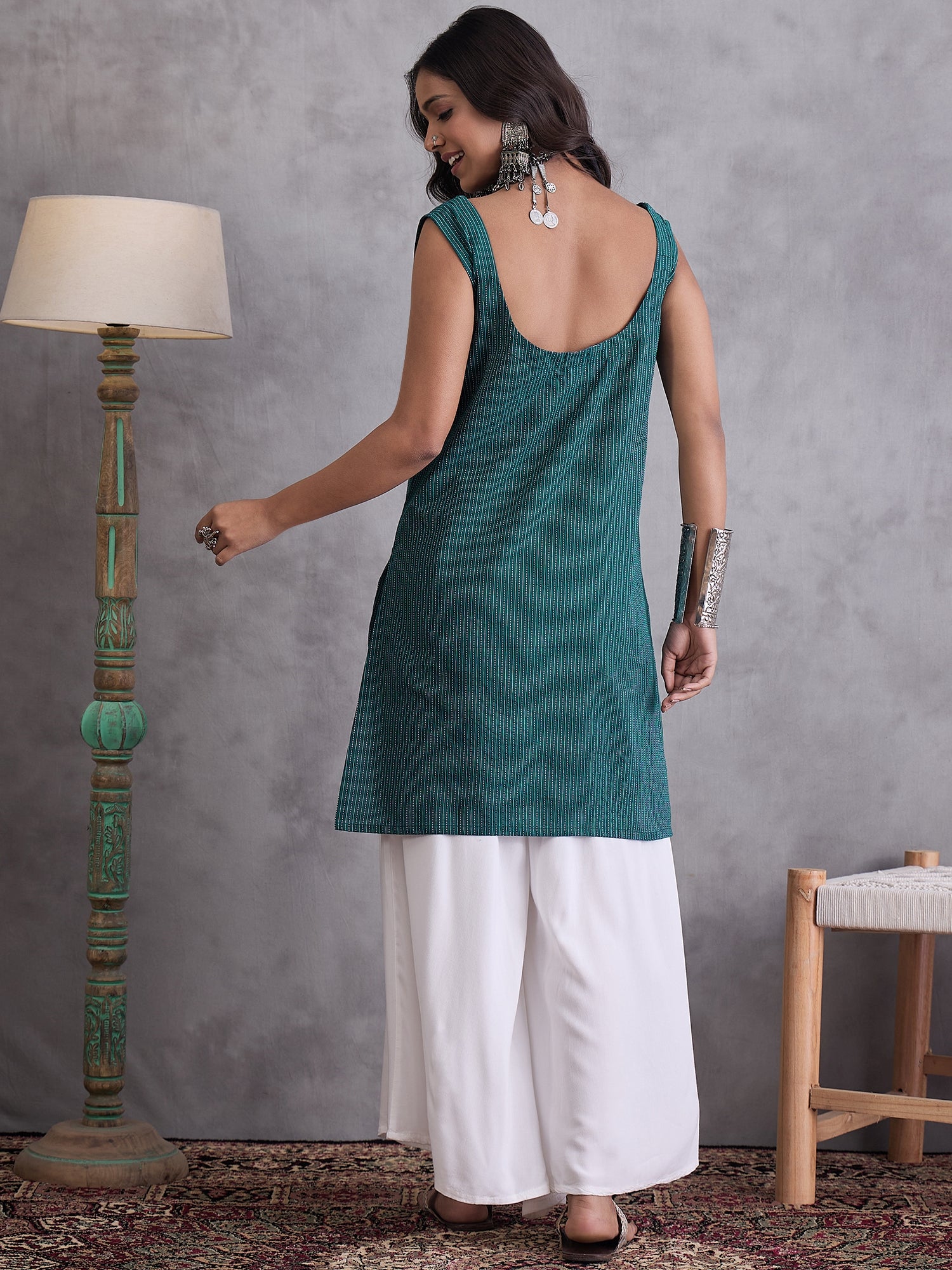 Emerald Green Kantha Striped Kurta