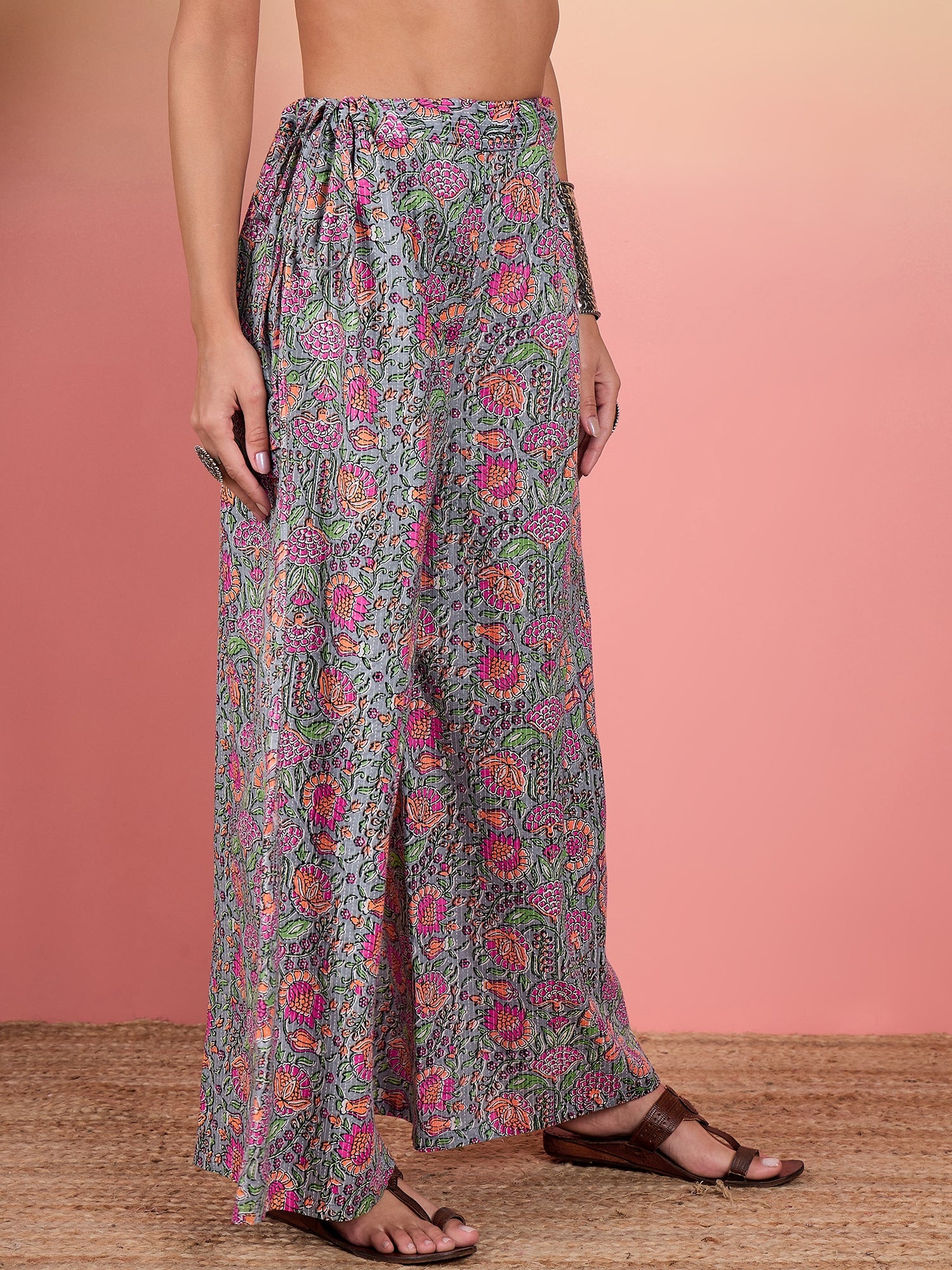 Grey Kantha Floral Jaal Print Palazzo