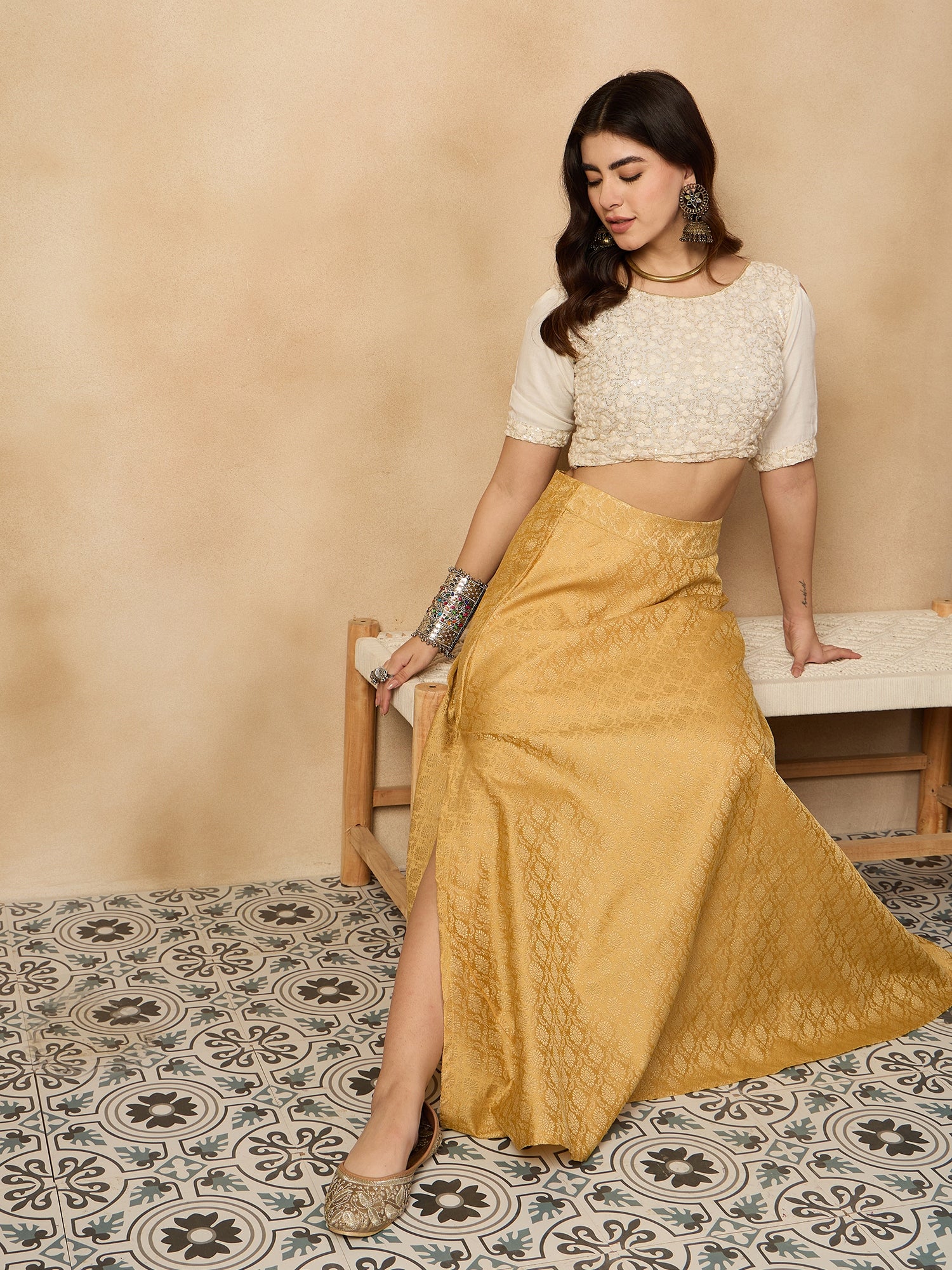 Golden Brocade Side Slit Skirt