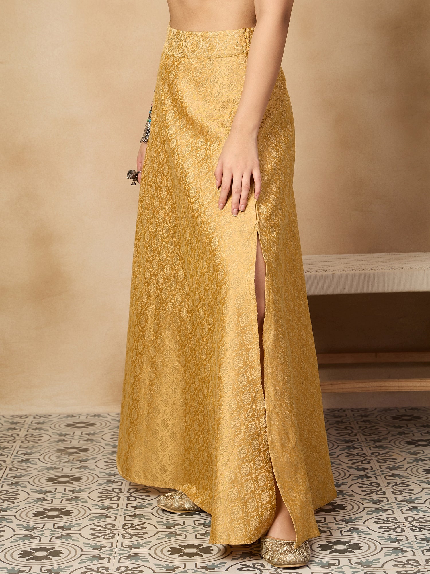 Golden Brocade Side Slit Skirt