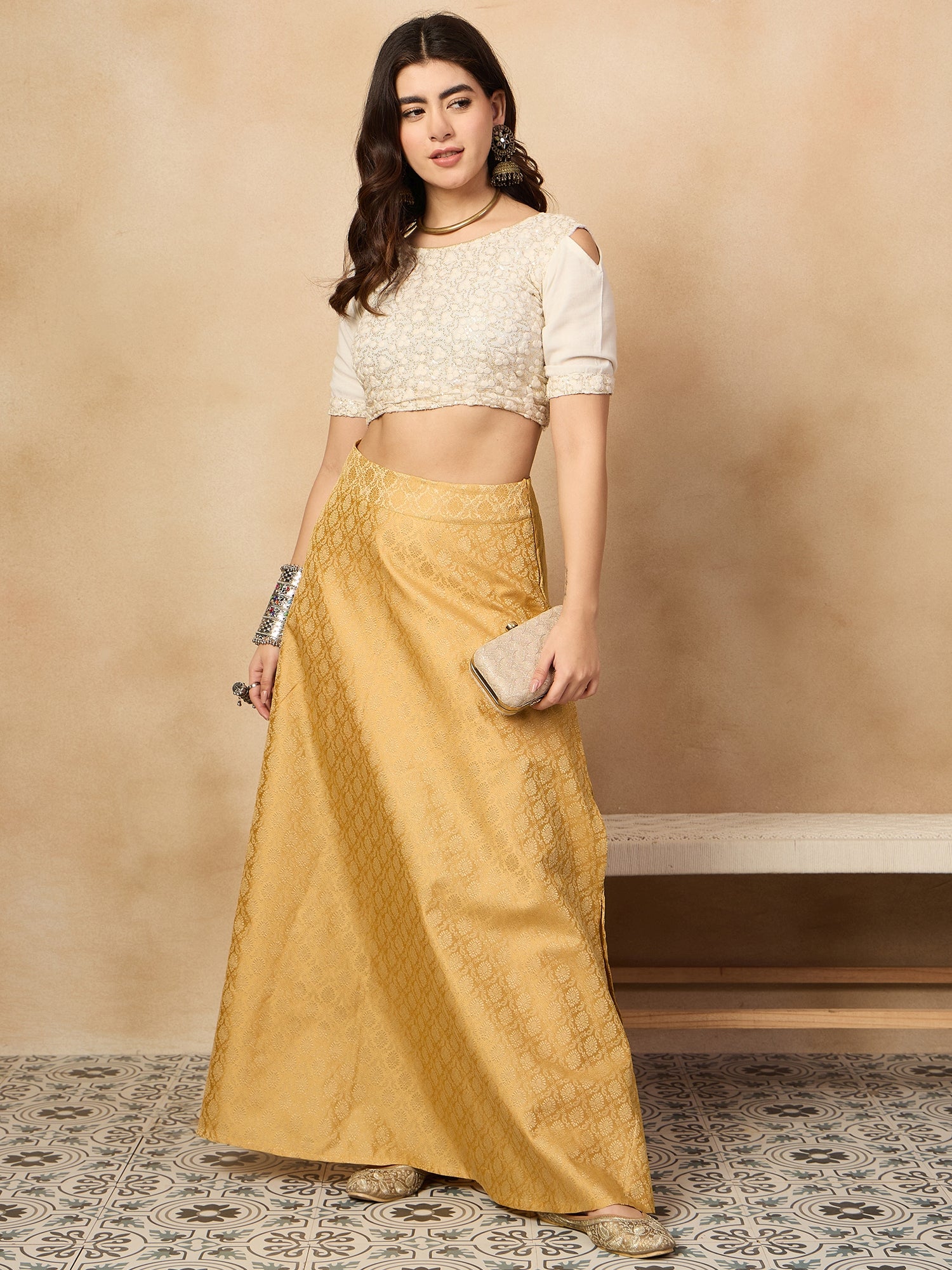 Golden Brocade Side Slit Skirt