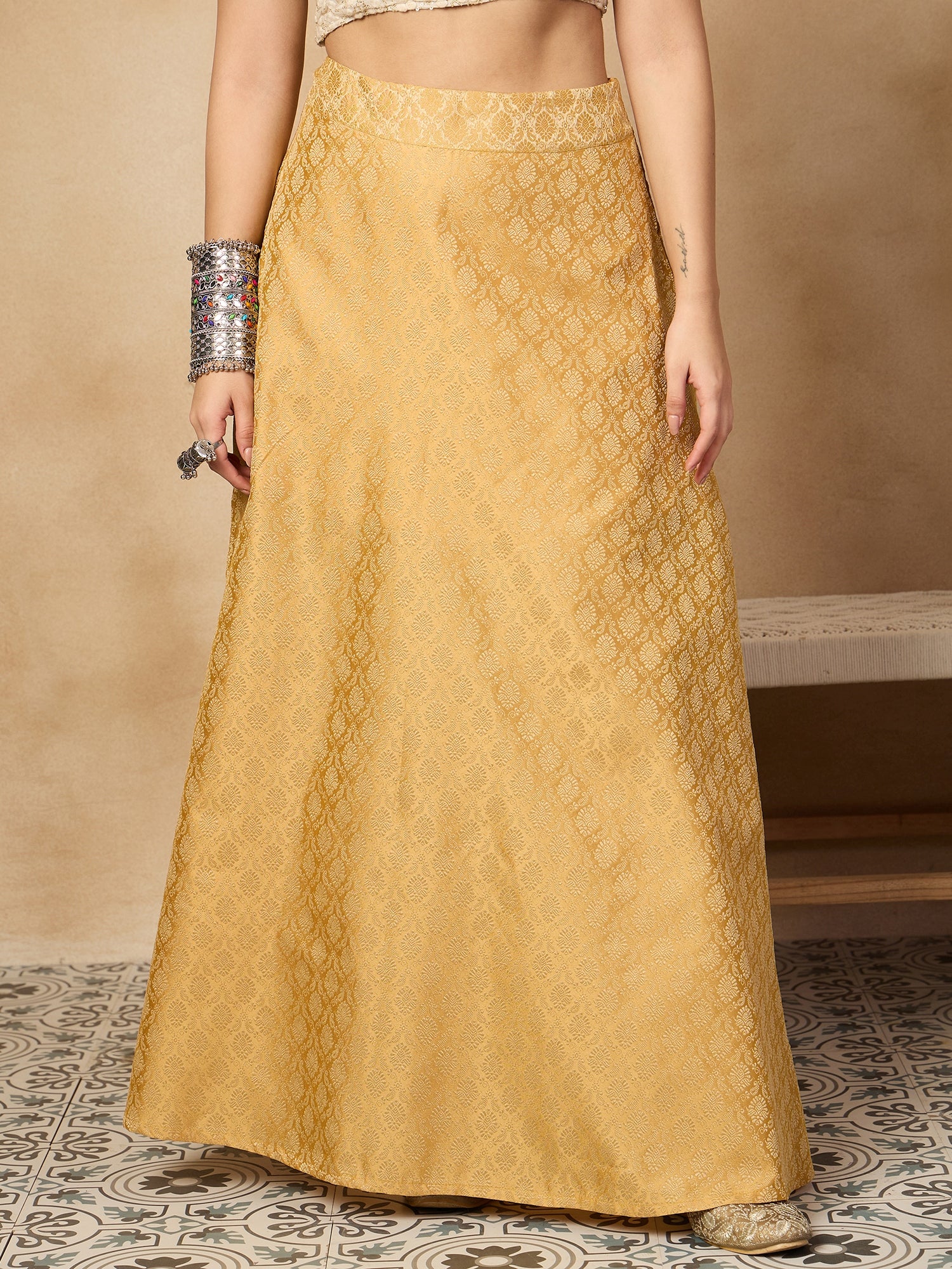 Golden Brocade Side Slit Skirt