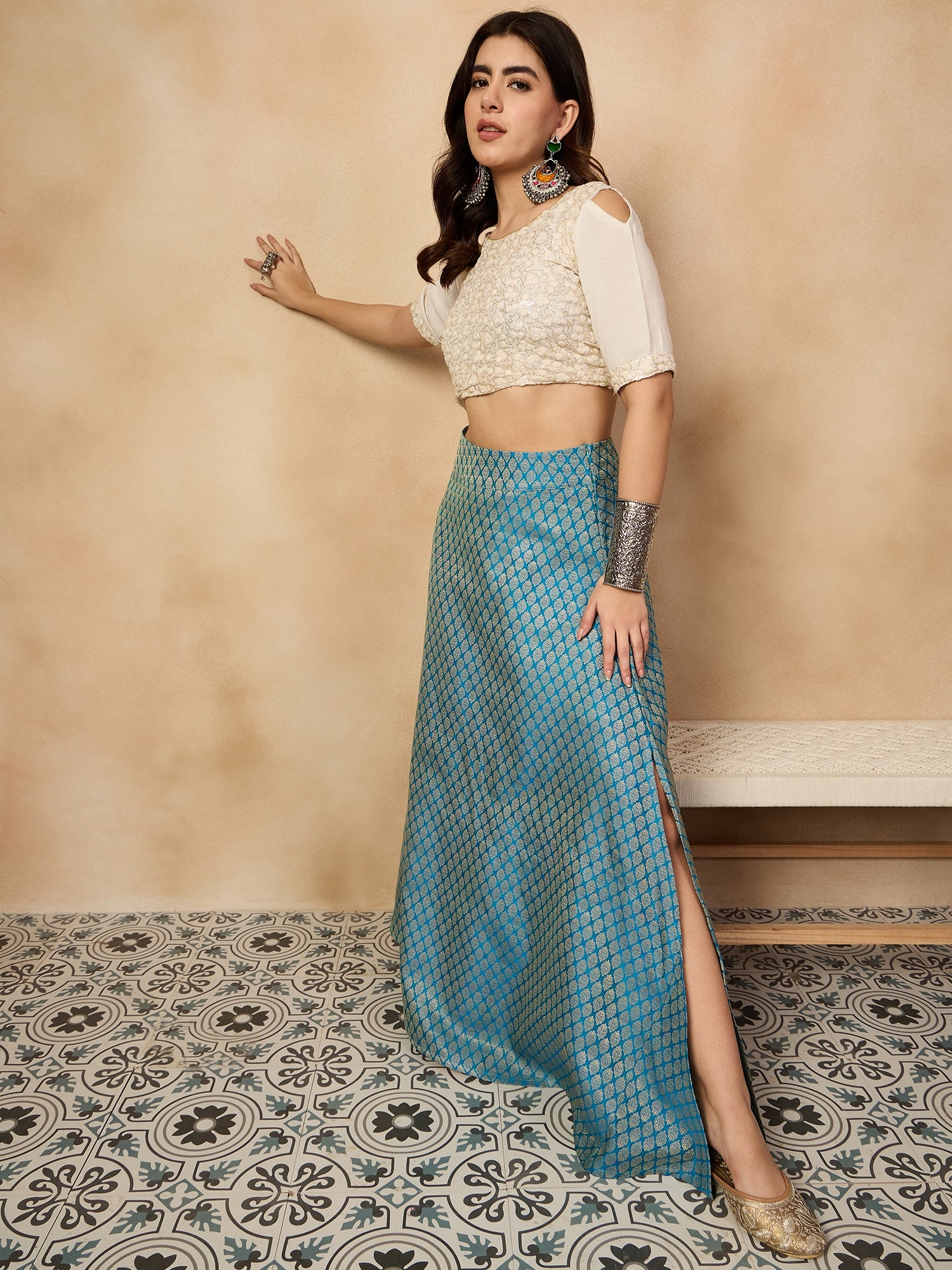 Maya Blue Brocade Side Slit Skirt