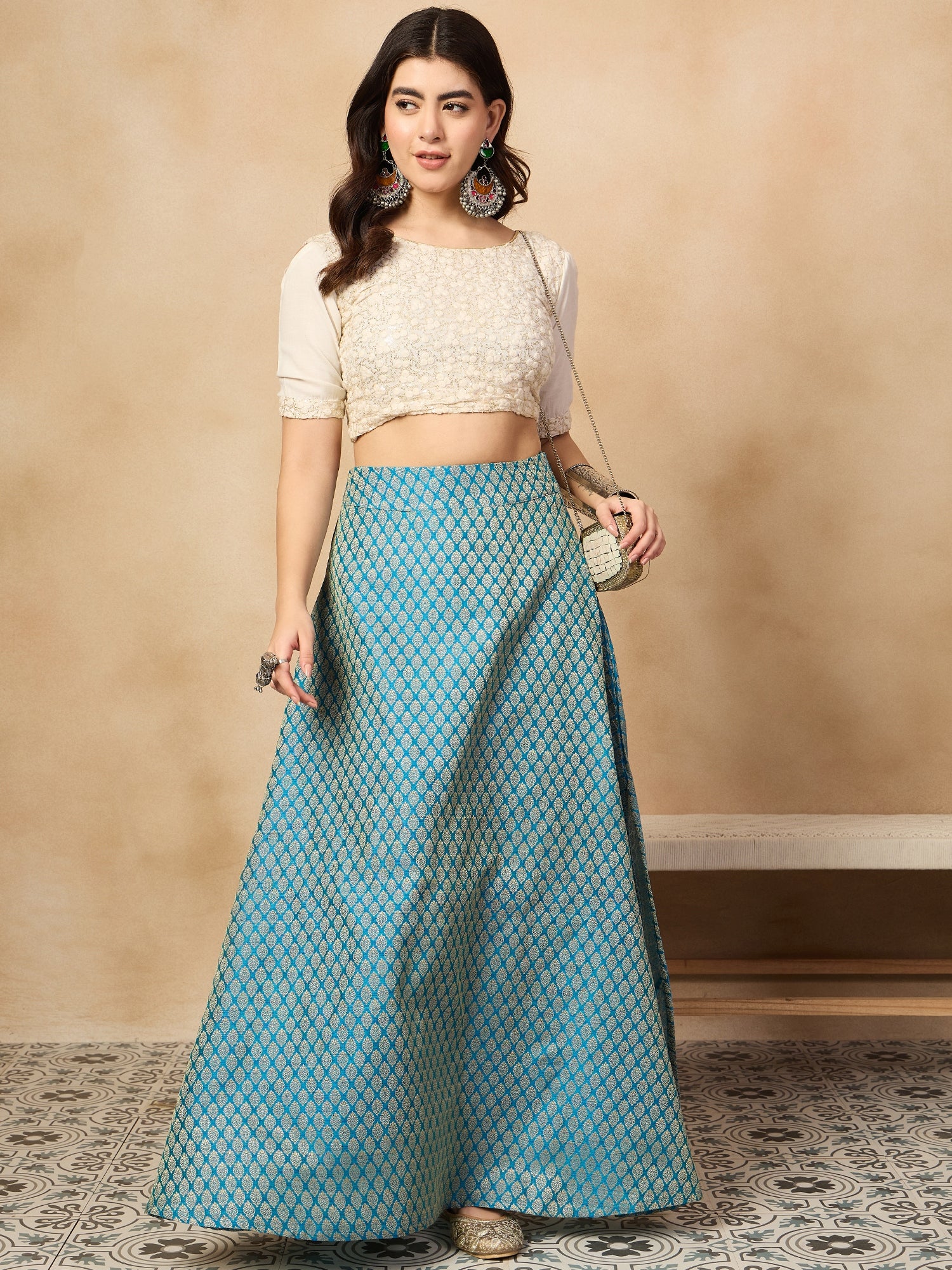 Maya Blue Brocade Side Slit Skirt