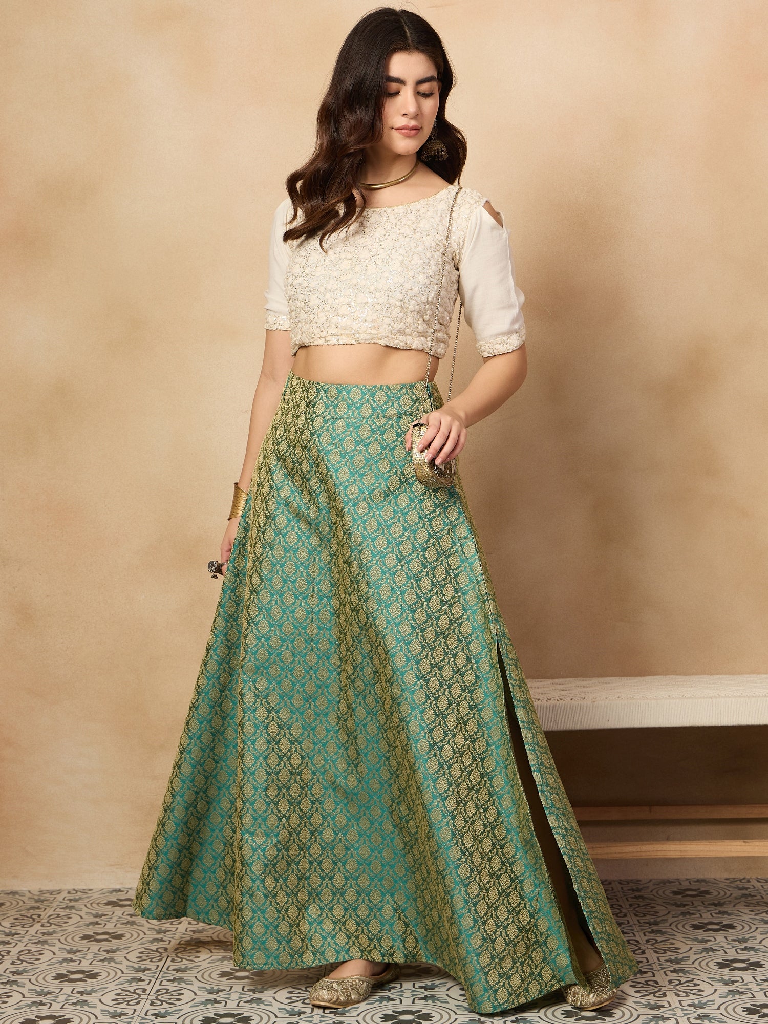 Light Green Brocade Side Slit Skirt