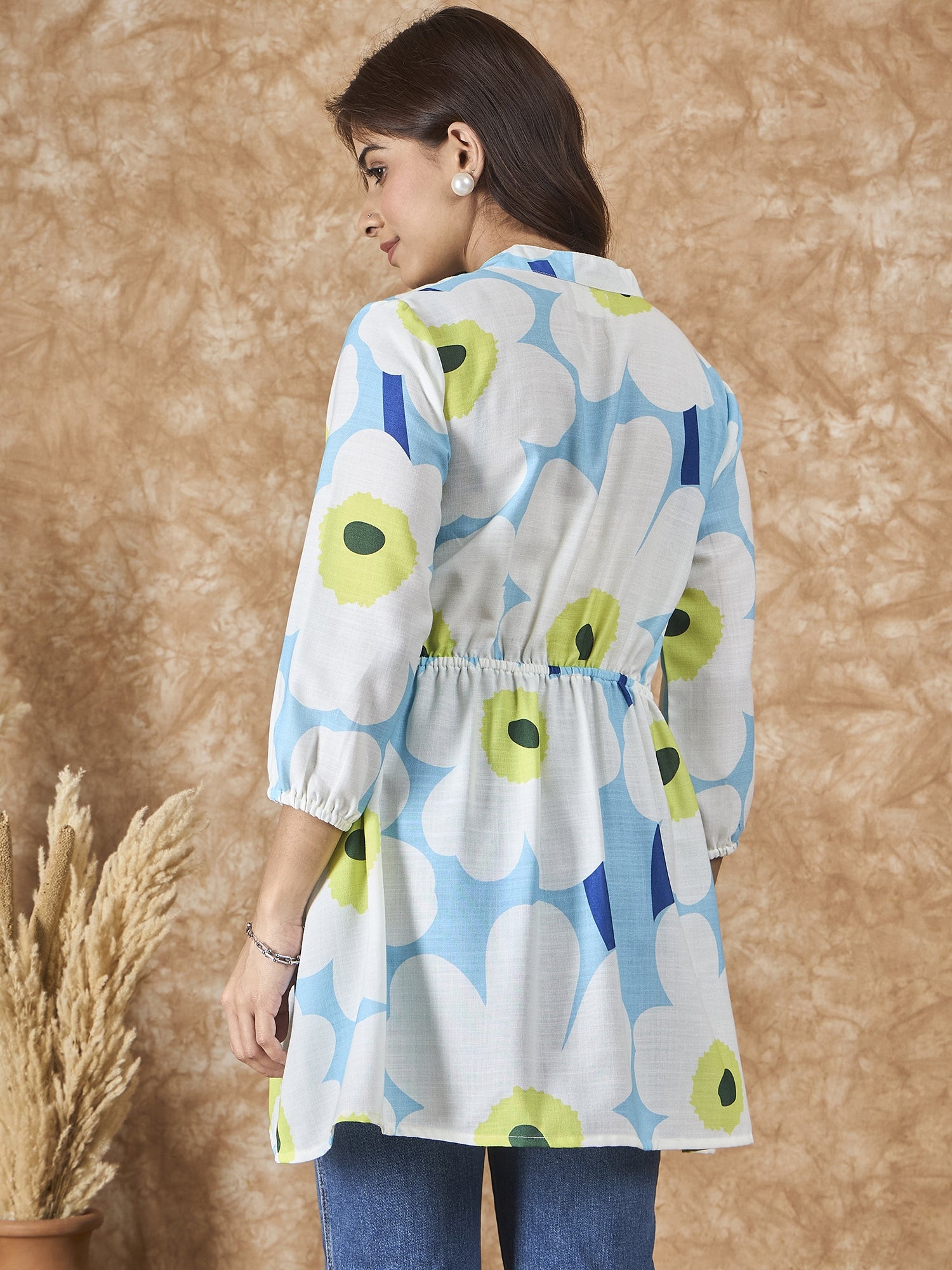 Sky Blue Big Print Mandarin Top