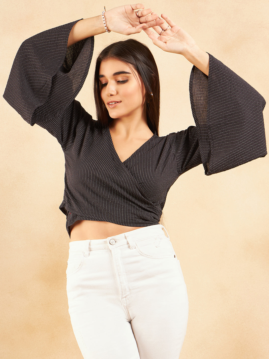 Black Kantha Flared Sleeve Top