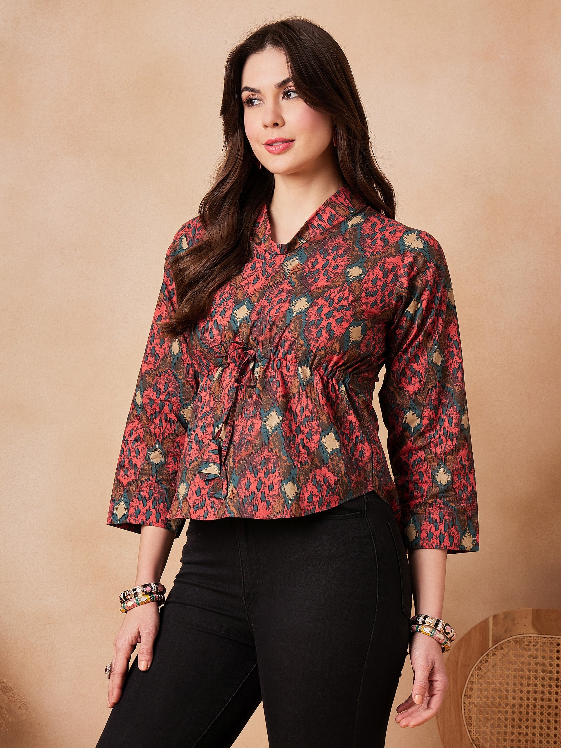 Coral Red Abstract Printed Shawl Neck Top