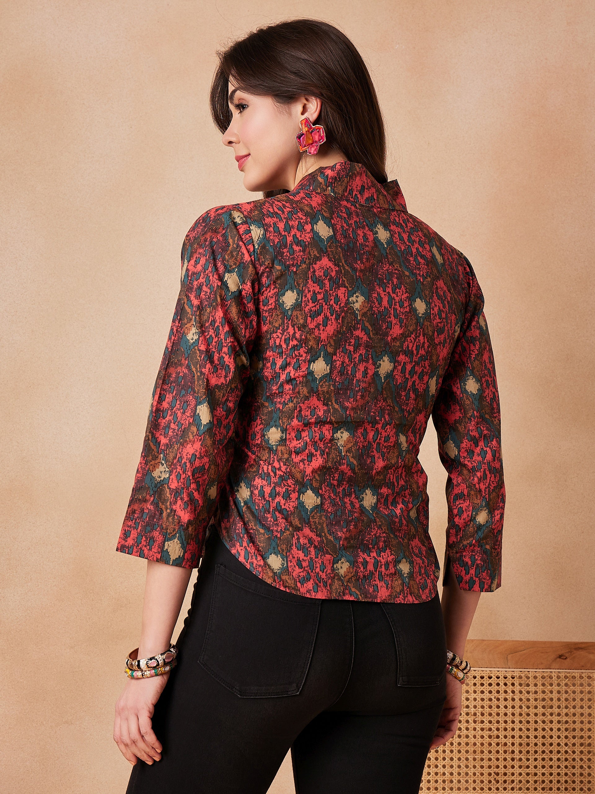 Coral Red Abstract Printed Shawl Neck Top