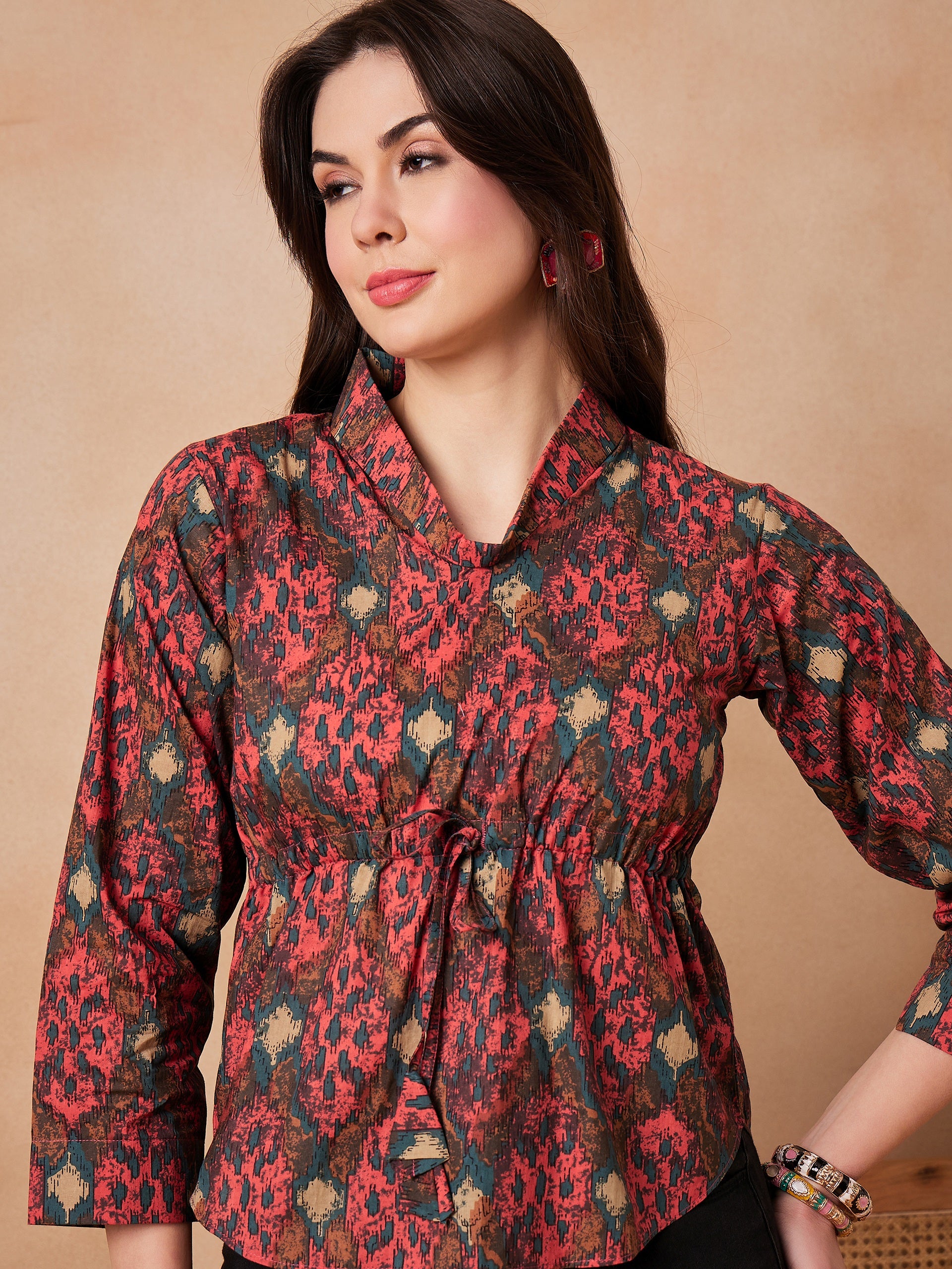 Coral Red Abstract Printed Shawl Neck Top