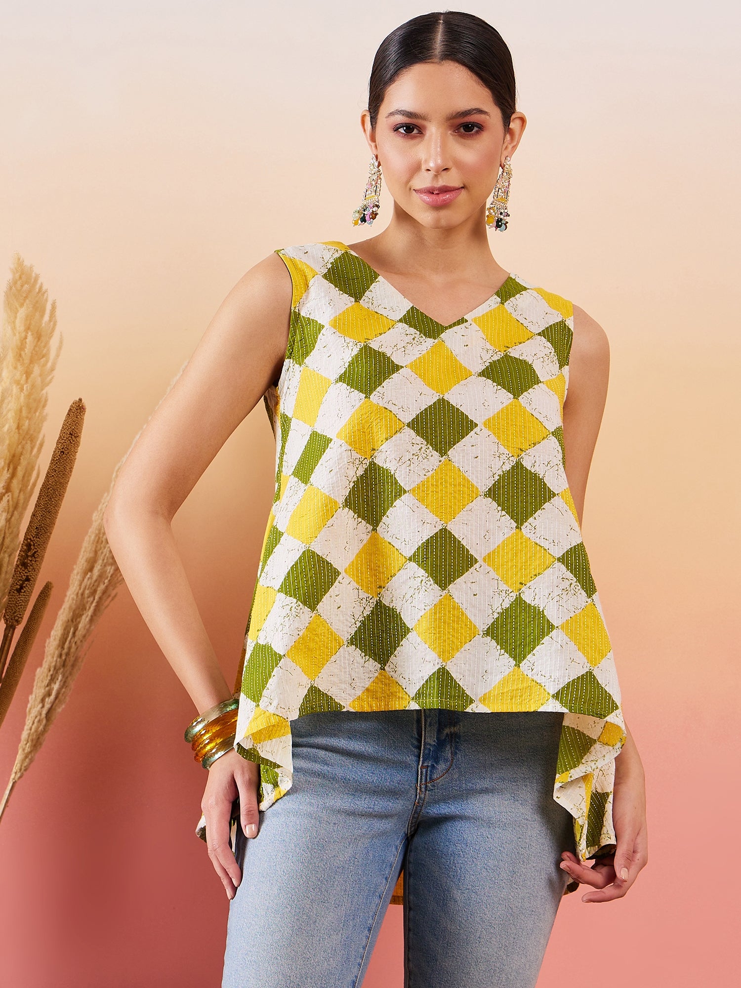 Yellow Green Geometric Print  Kantha V Neck W/S Top