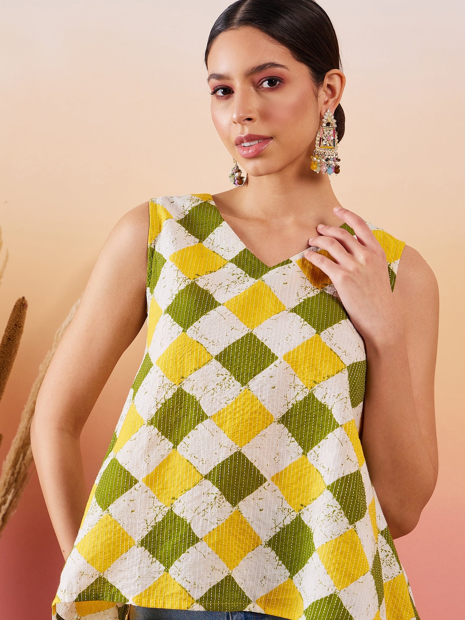 Yellow Green Geometric Print  Kantha V Neck W/S Top