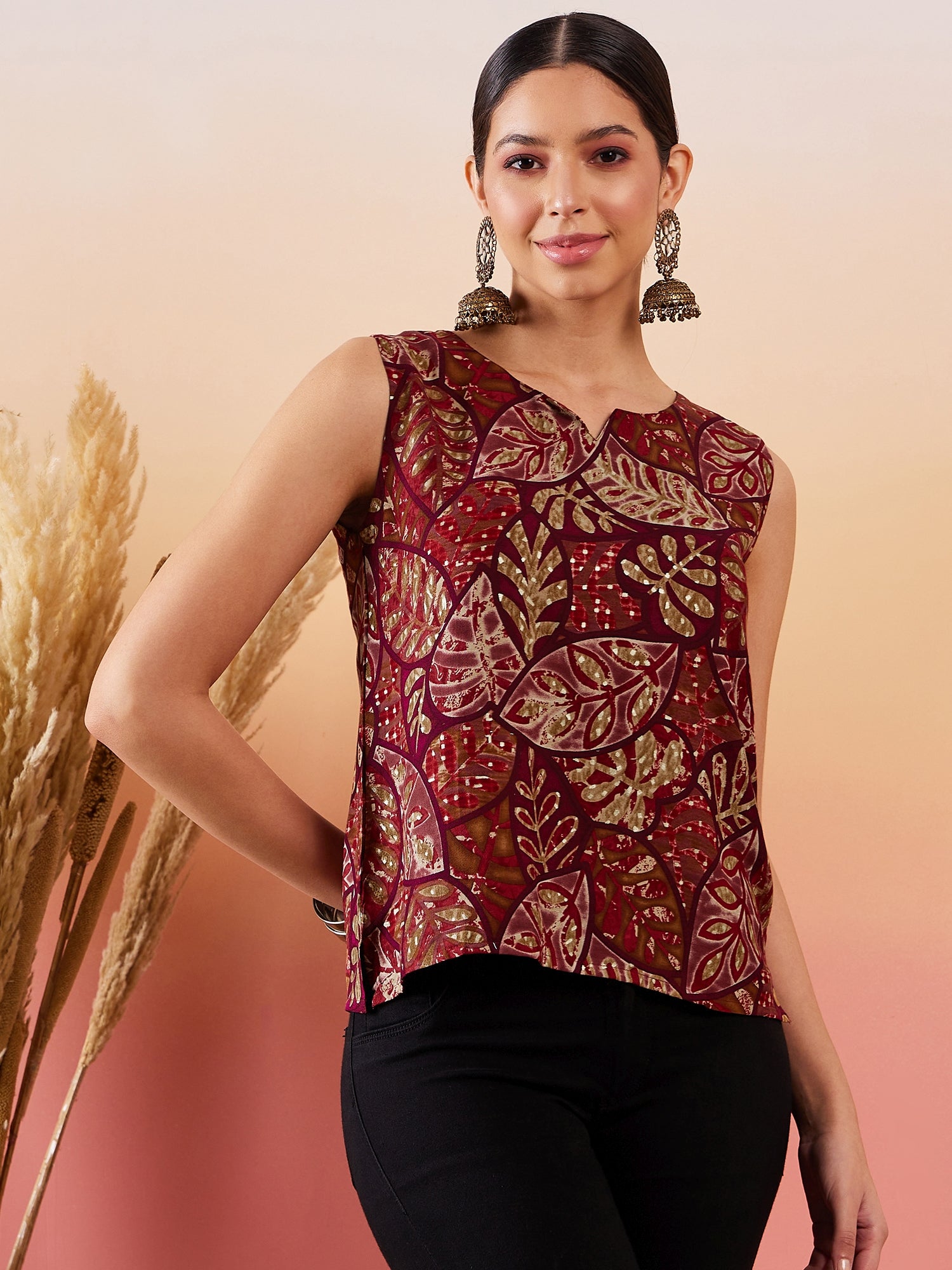 Wine Maroon Leaf Print Foil W/S Top