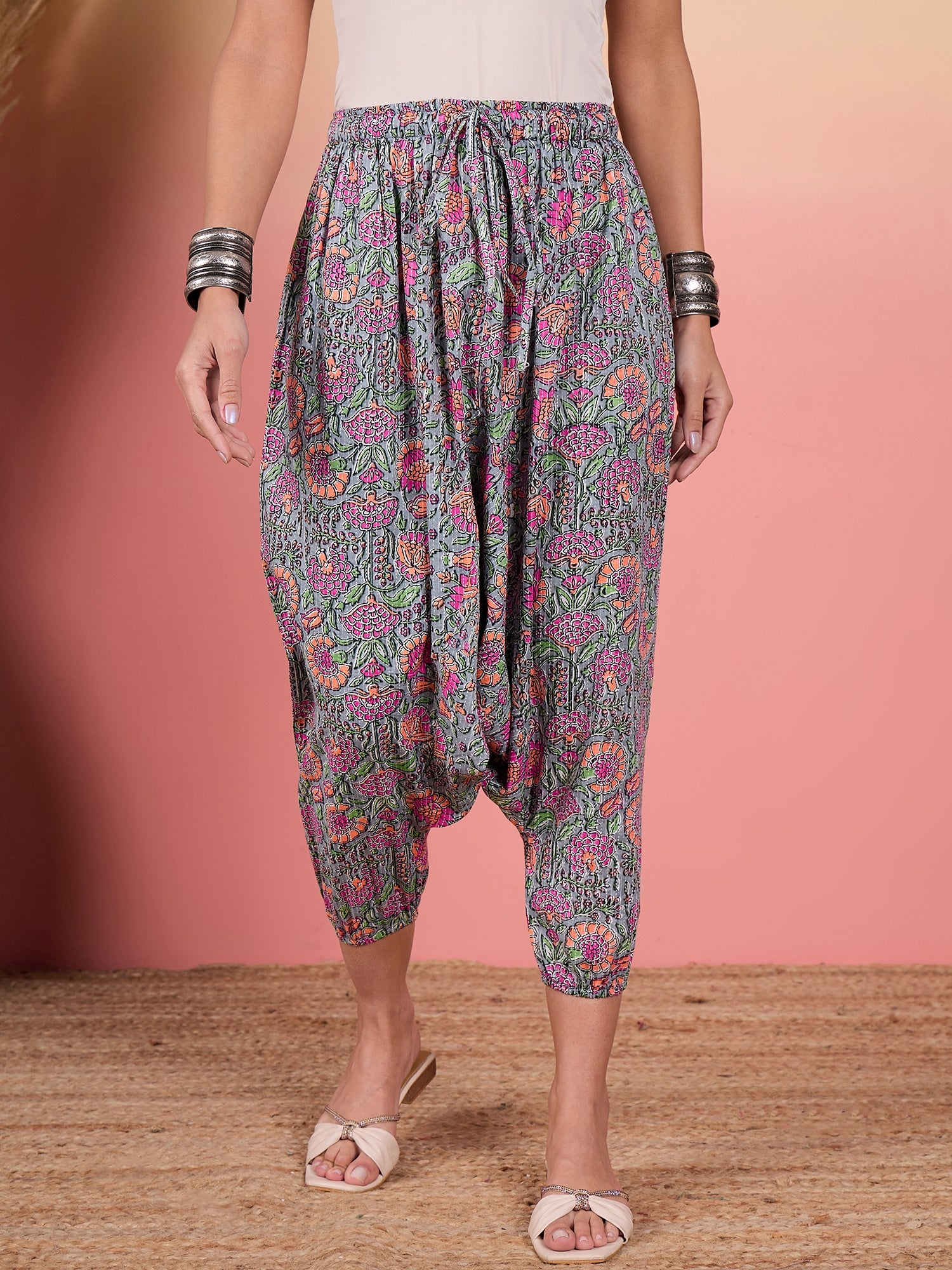 Grey Kantha Floral Jaal Print Harem Pant