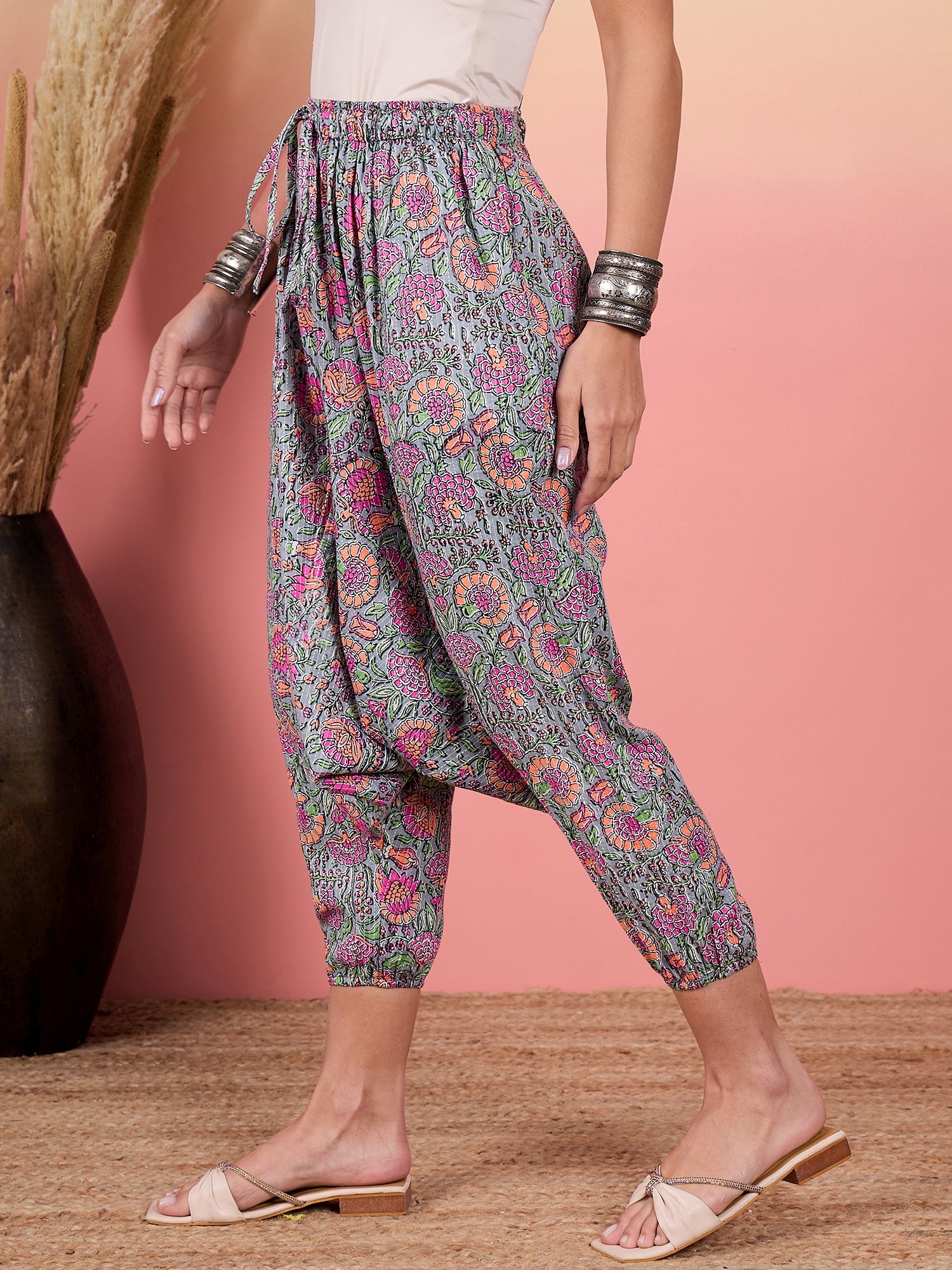 Grey Kantha Floral Jaal Print Harem Pant