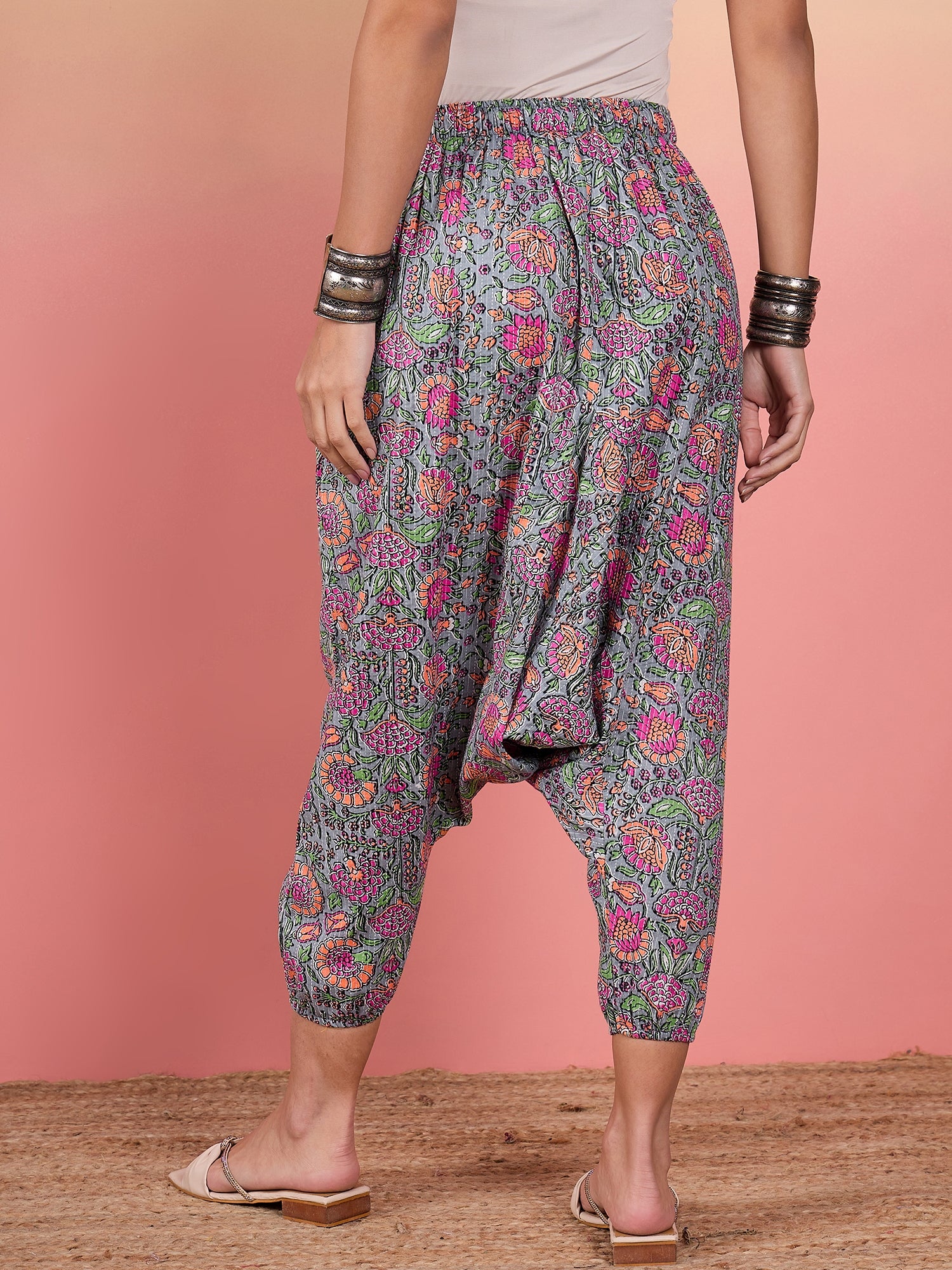 Grey Kantha Floral Jaal Print Harem Pant