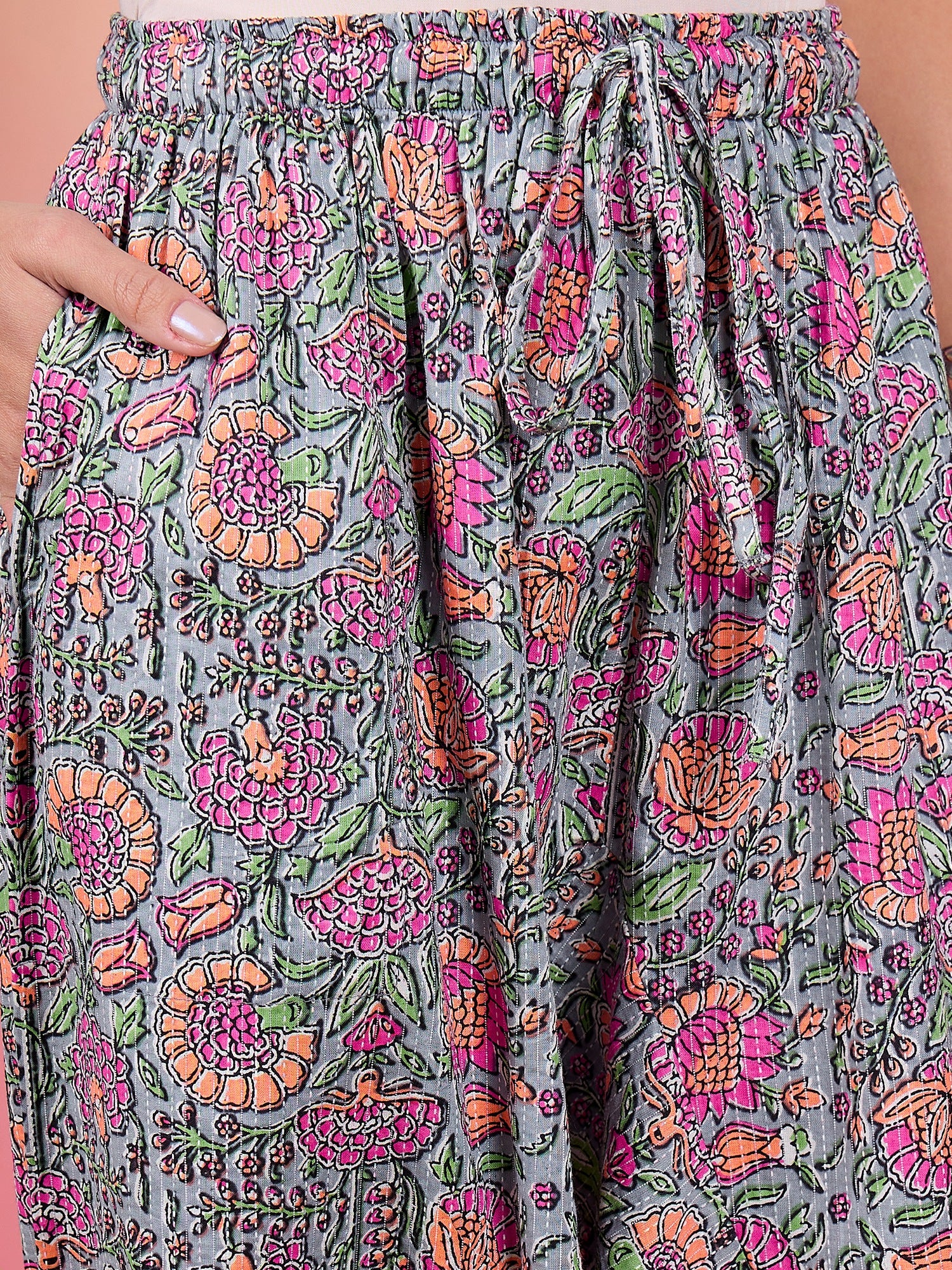 Grey Kantha Floral Jaal Print Harem Pant