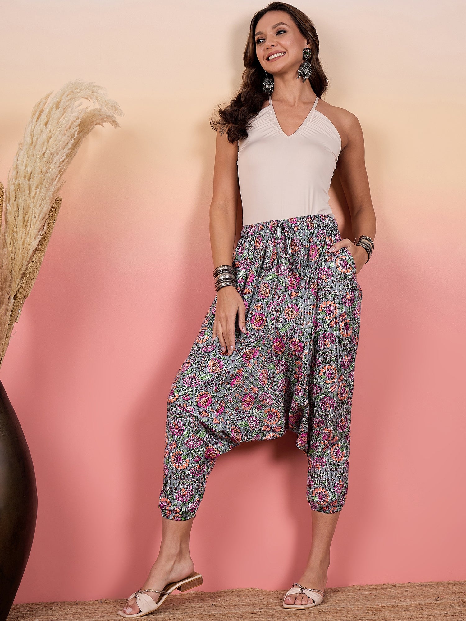 Grey Kantha Floral Jaal Print Harem Pant