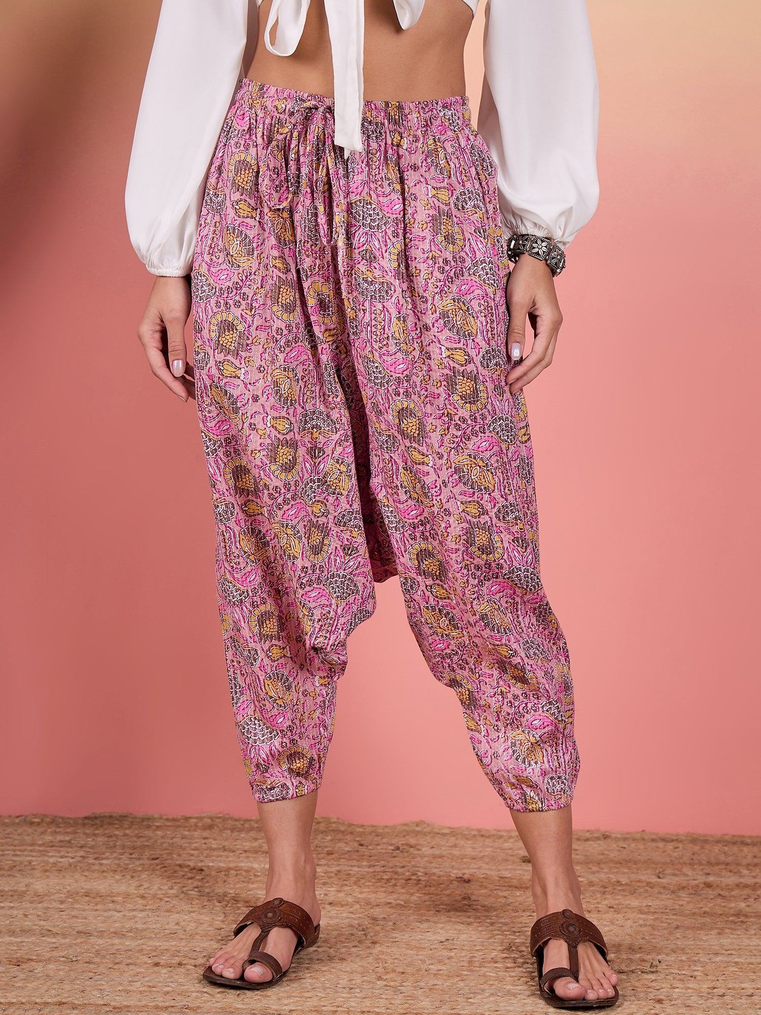 Pastle Pink Kantha Floral Jaal Print Harem Pant