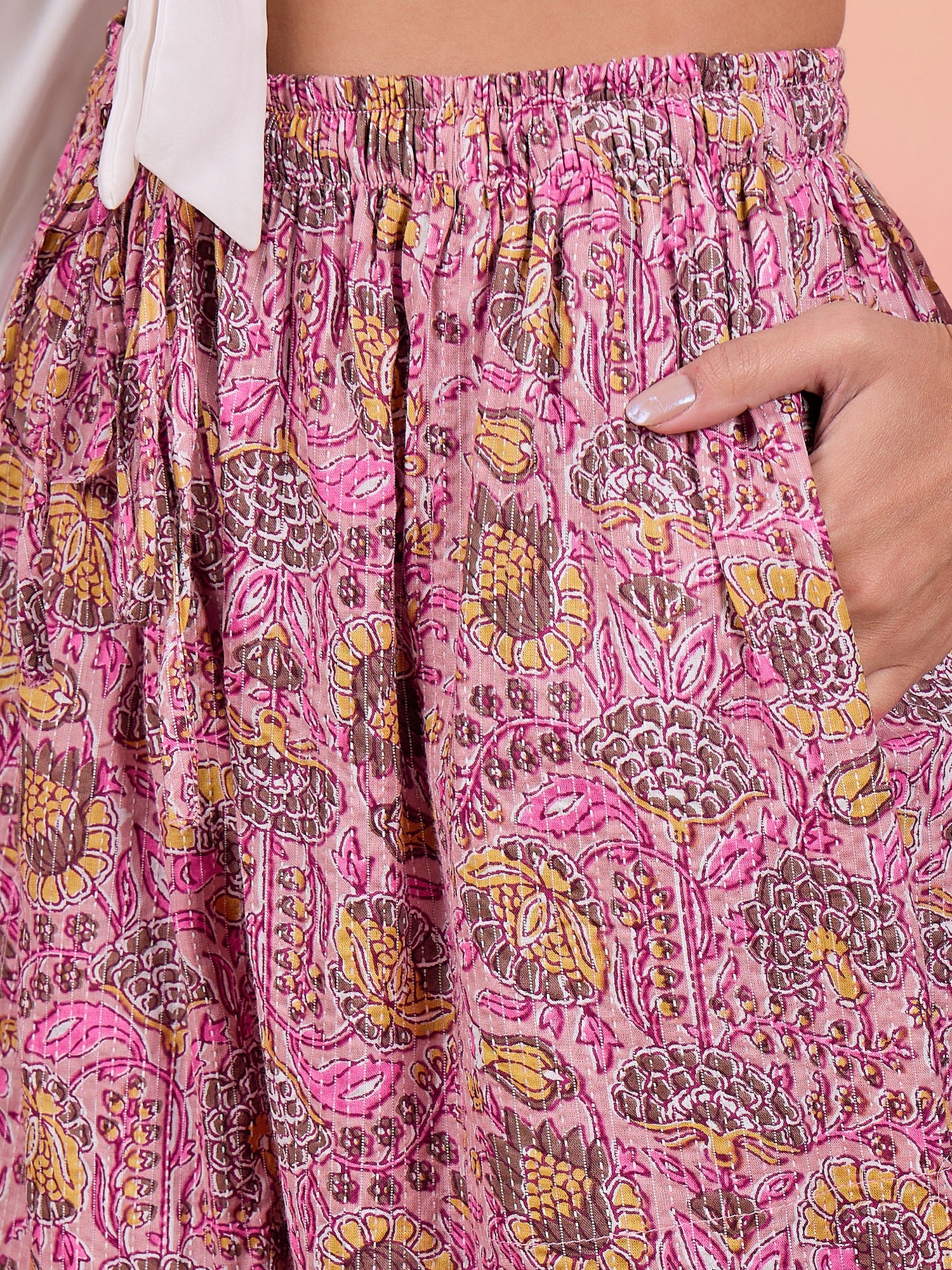 Pastle Pink Kantha Floral Jaal Print Harem Pant