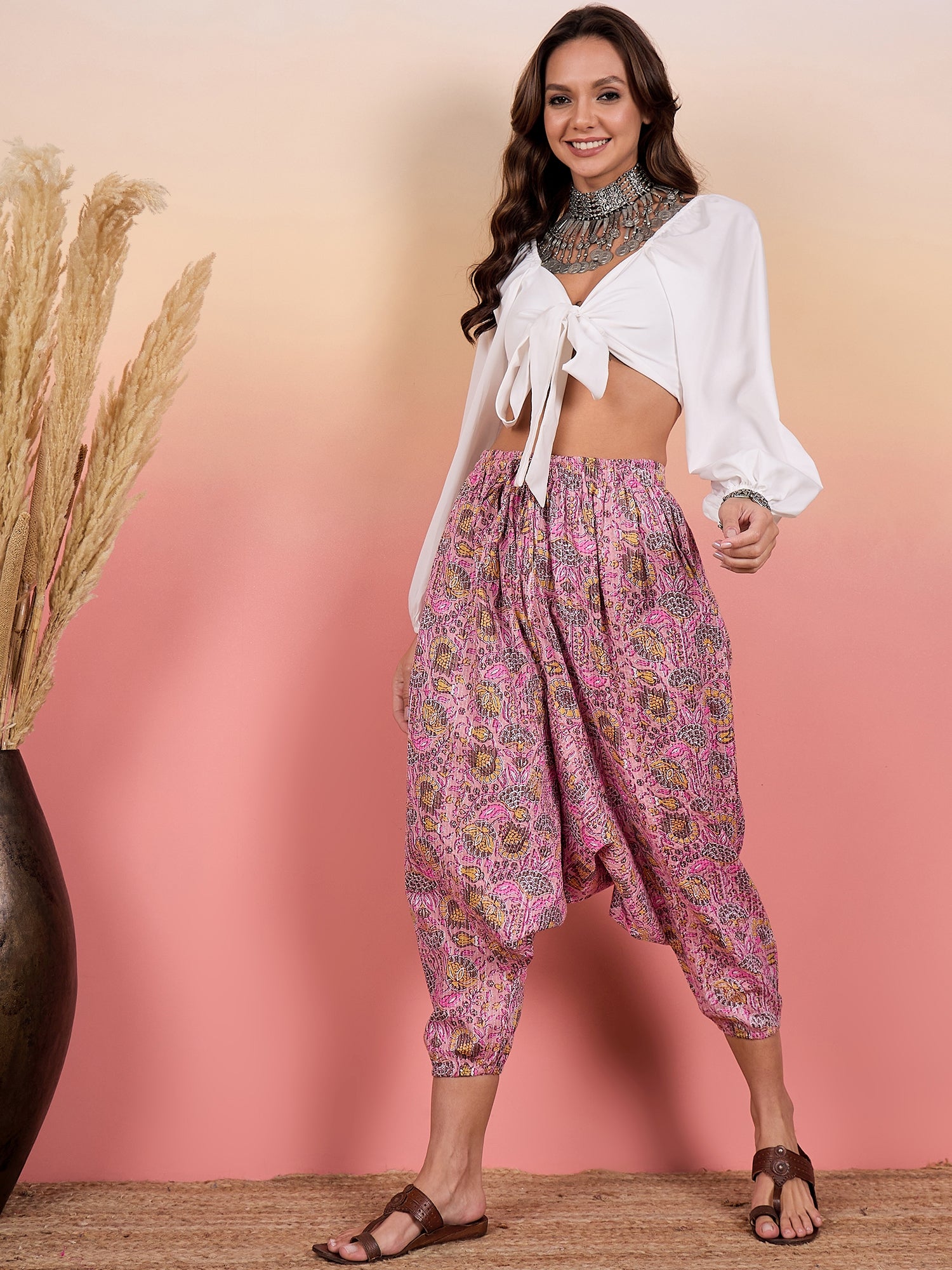 Pastle Pink Kantha Floral Jaal Print Harem Pant