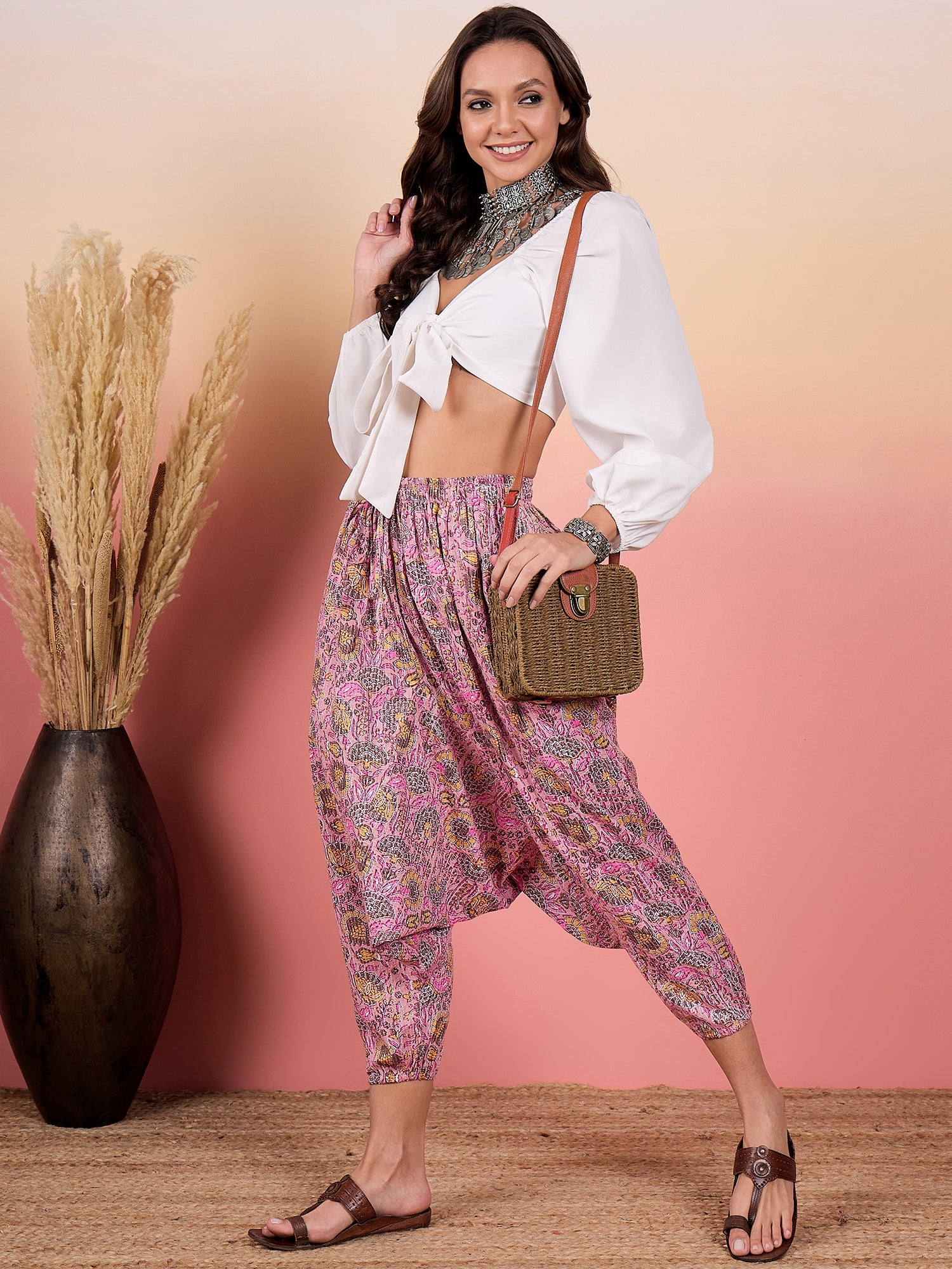 Pastle Pink Kantha Floral Jaal Print Harem Pant