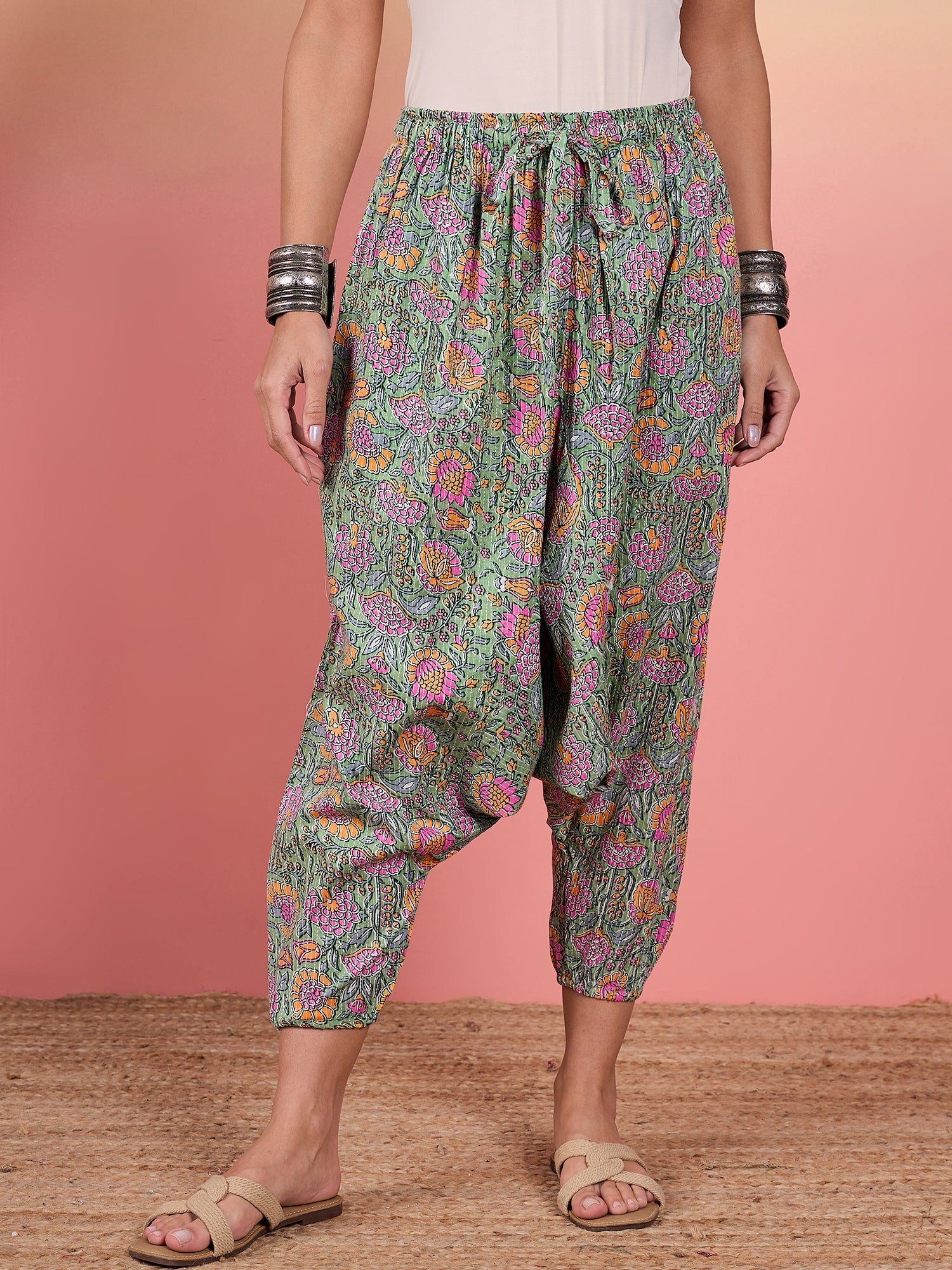 Mint Green Kantha Floral Jaal Print Harem Pant