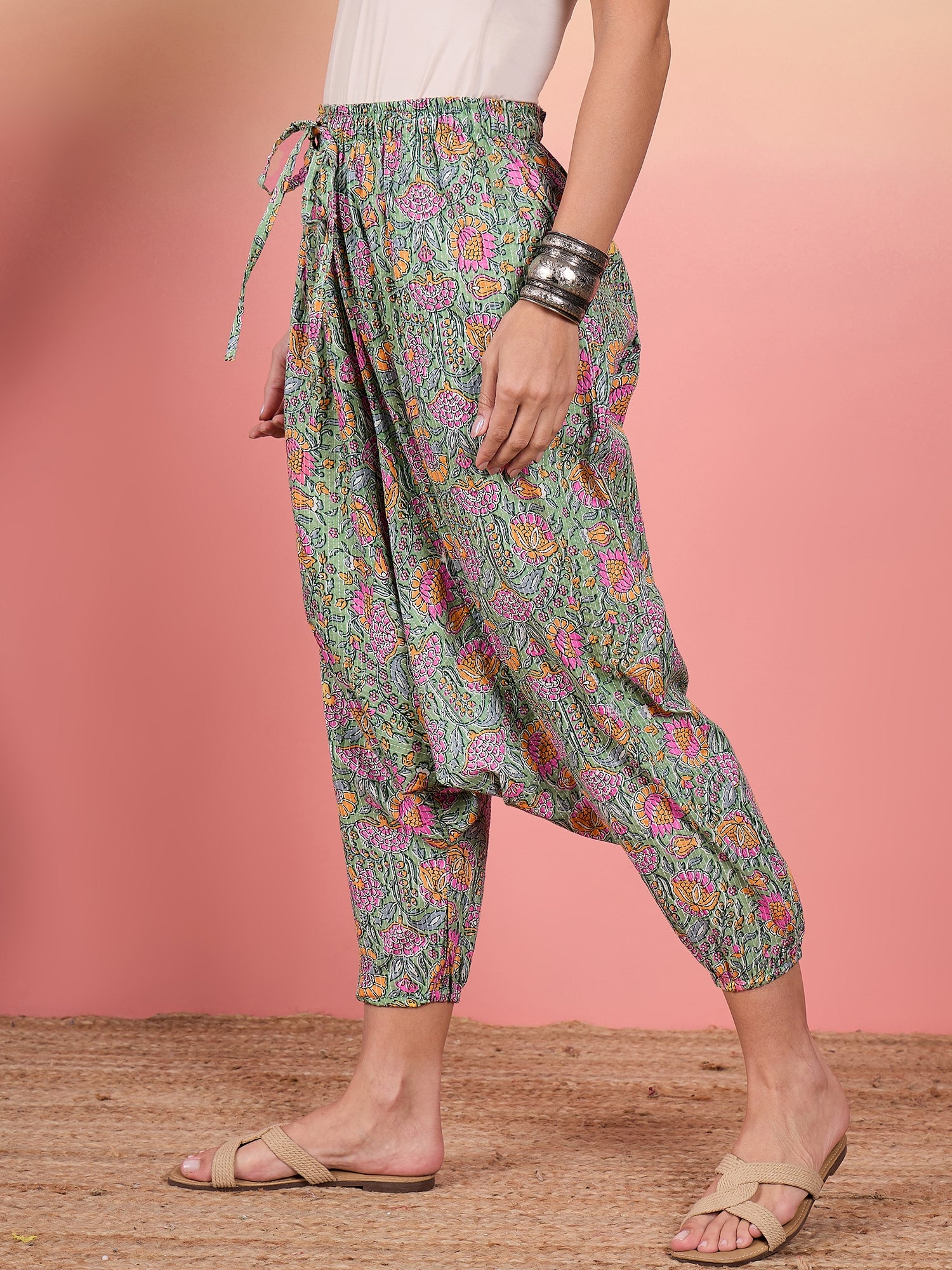 Mint Green Kantha Floral Jaal Print Harem Pant