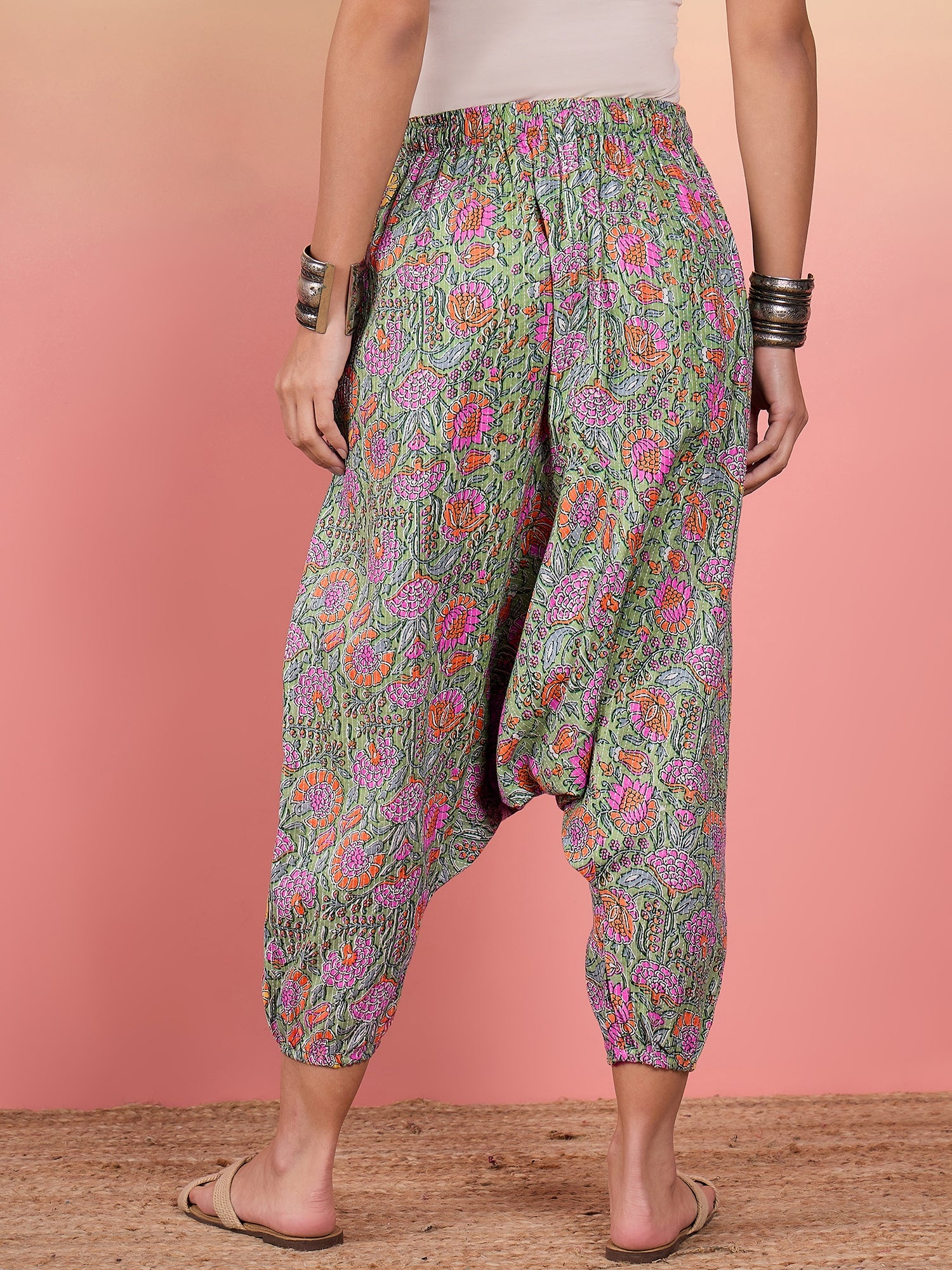 Mint Green Kantha Floral Jaal Print Harem Pant