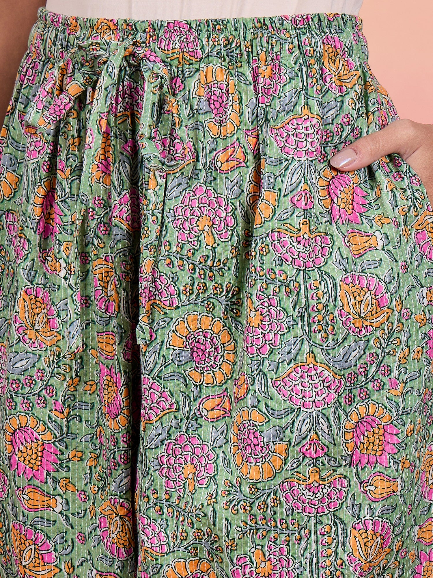 Mint Green Kantha Floral Jaal Print Harem Pant