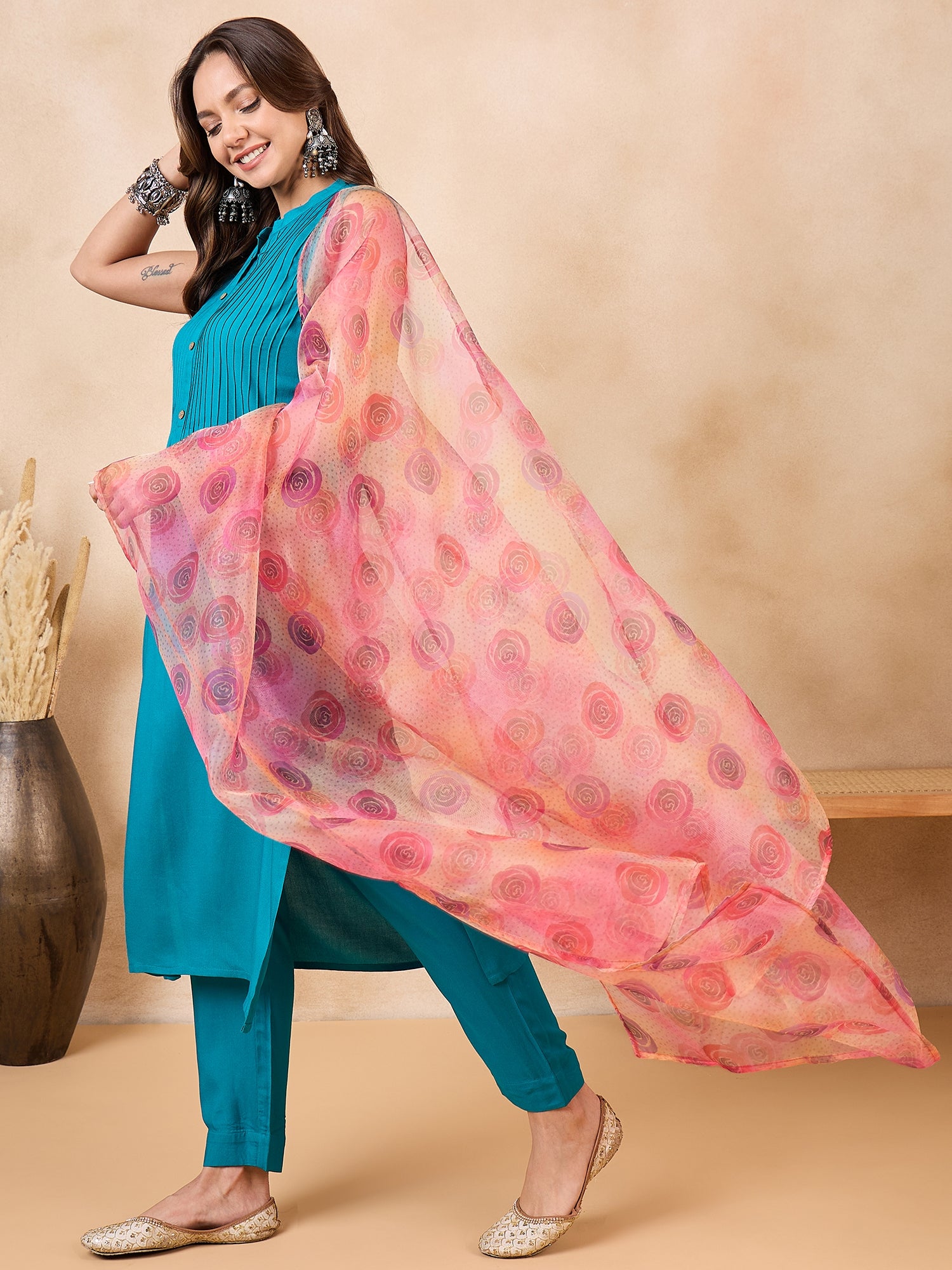 Peach Pink Floral Print Dupatta