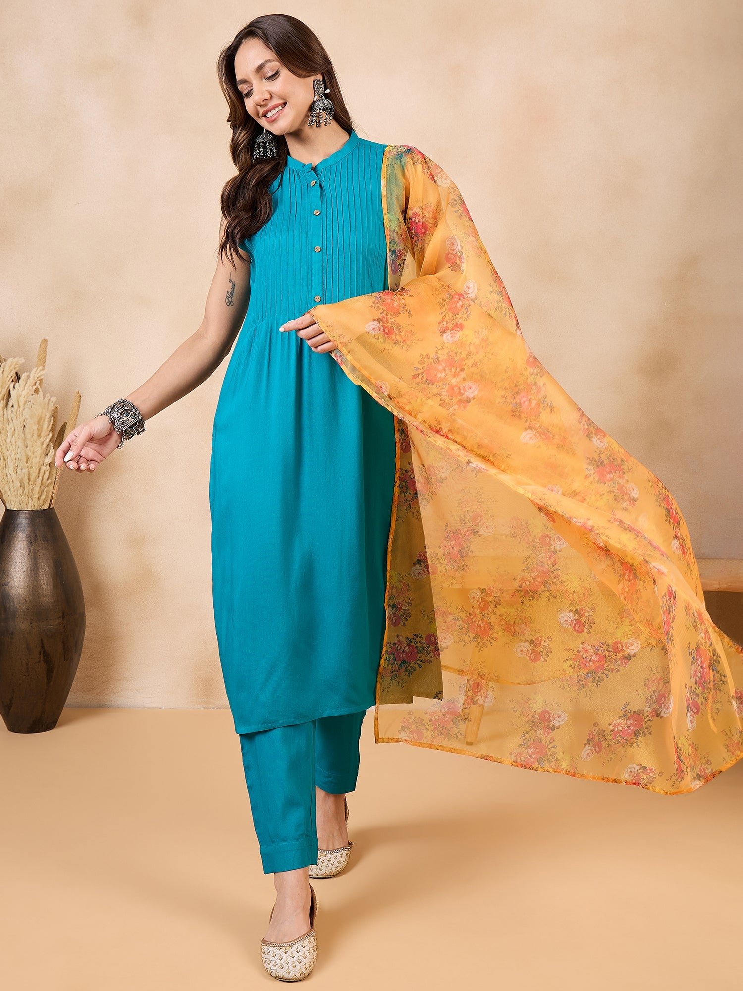 Mustard Rose Printed Organza Dupatta