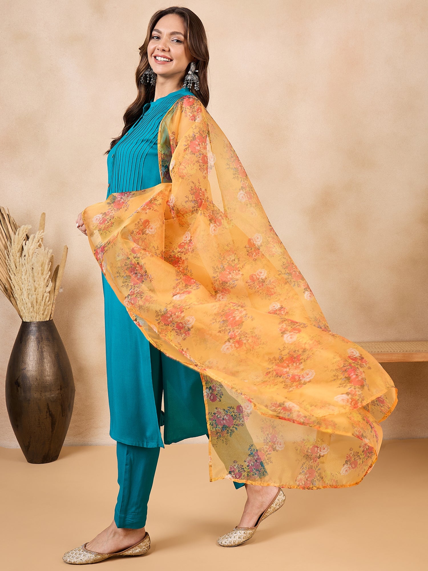 Mustard Rose Printed Organza Dupatta