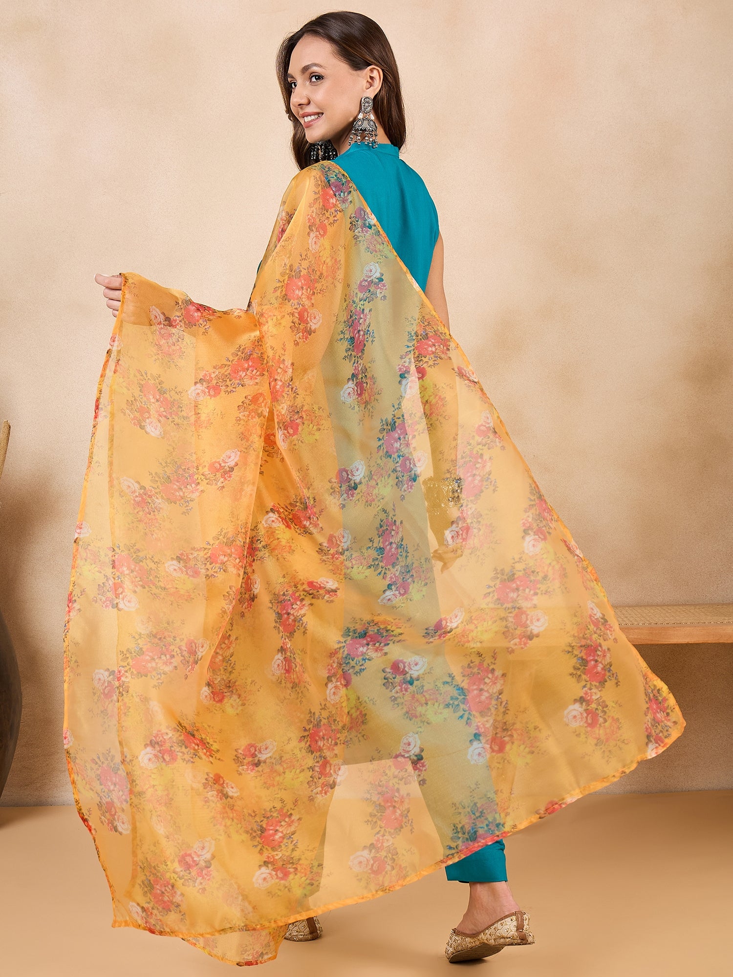 Mustard Rose Printed Organza Dupatta