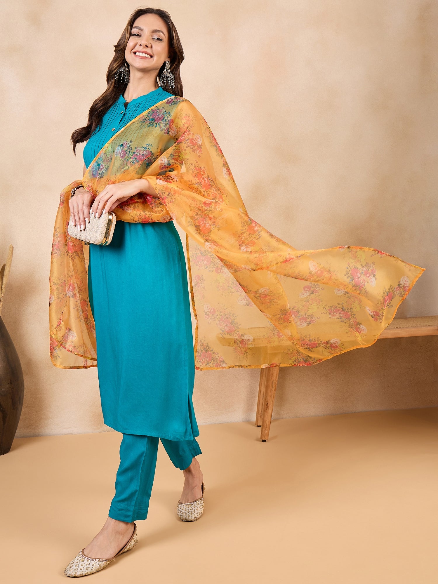 Mustard Rose Printed Organza Dupatta