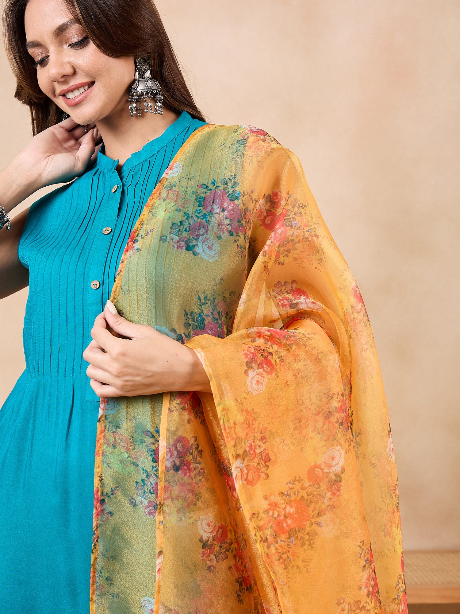 Mustard Rose Printed Organza Dupatta