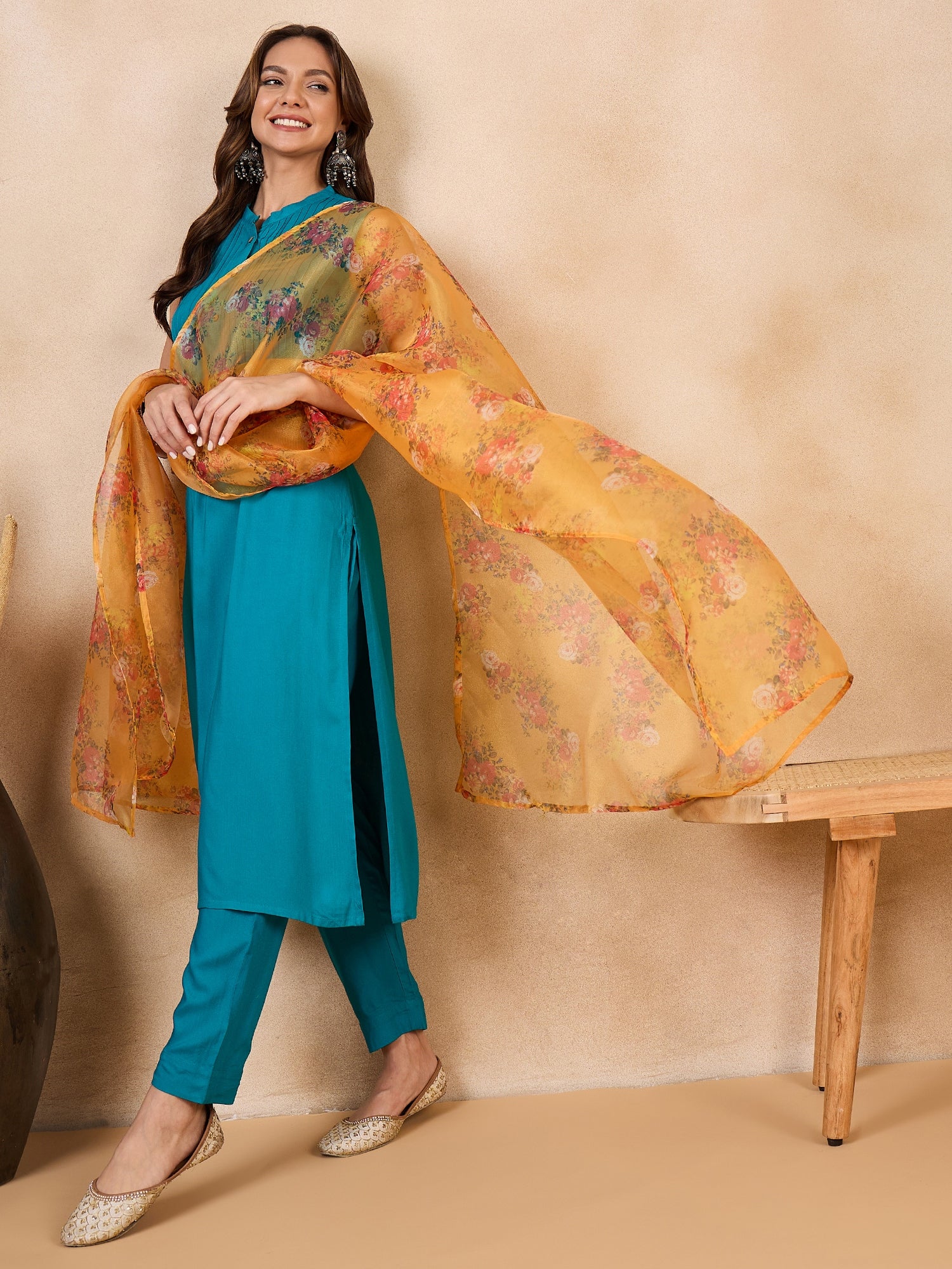 Mustard Rose Printed Organza Dupatta