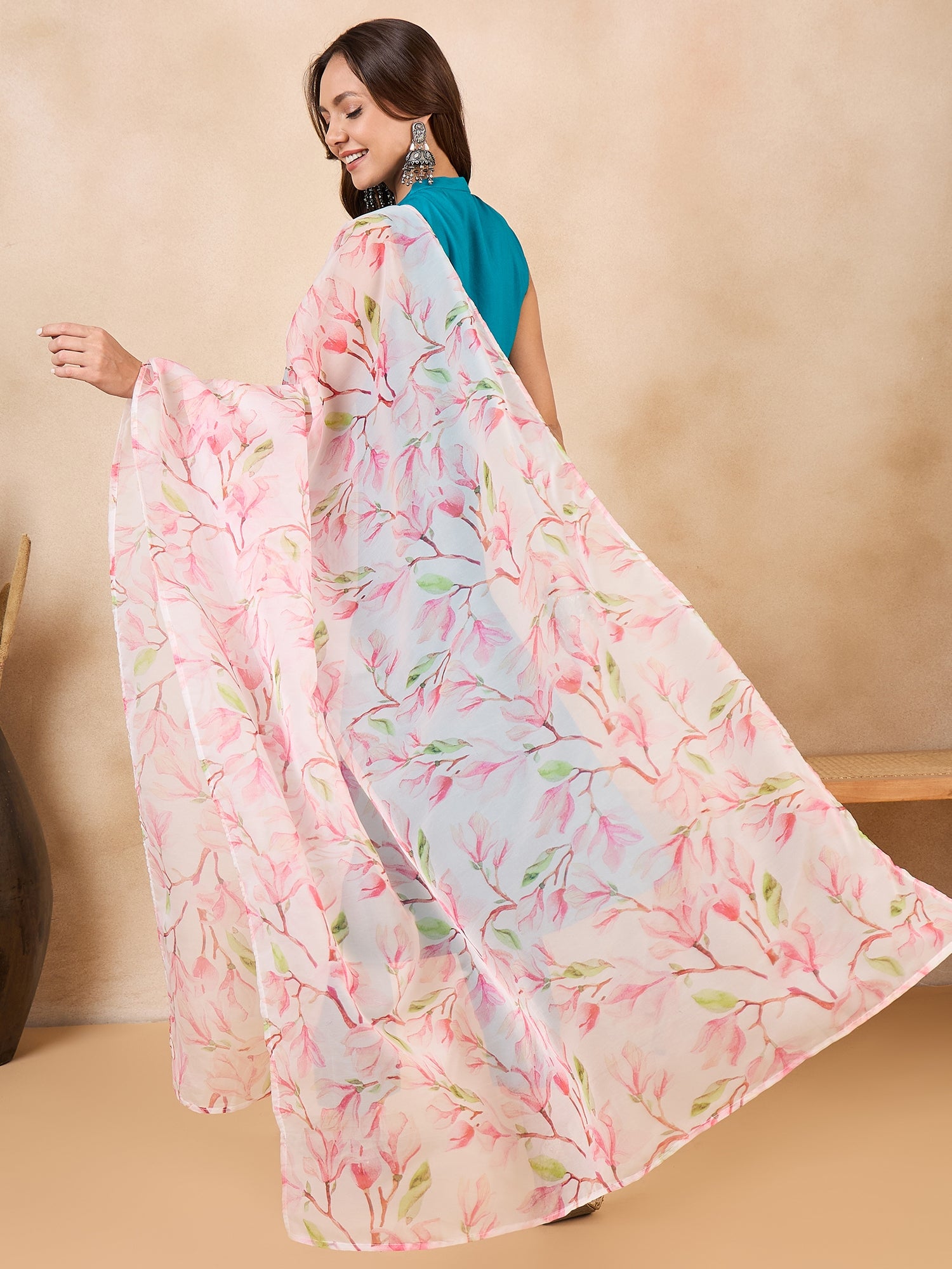 White Peach Floral Print Organza Dupatta