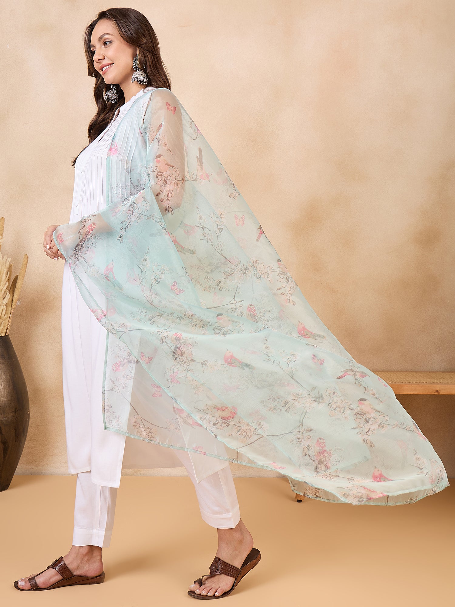 Teal Bird Print Organza Dupatta