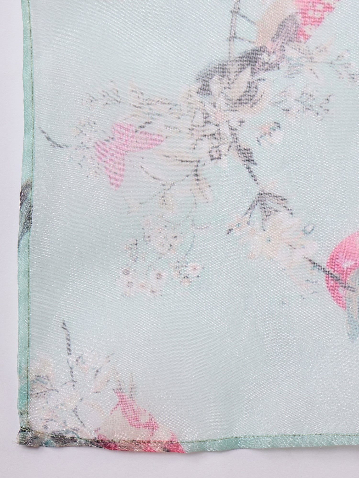 Teal Bird Print Organza Dupatta