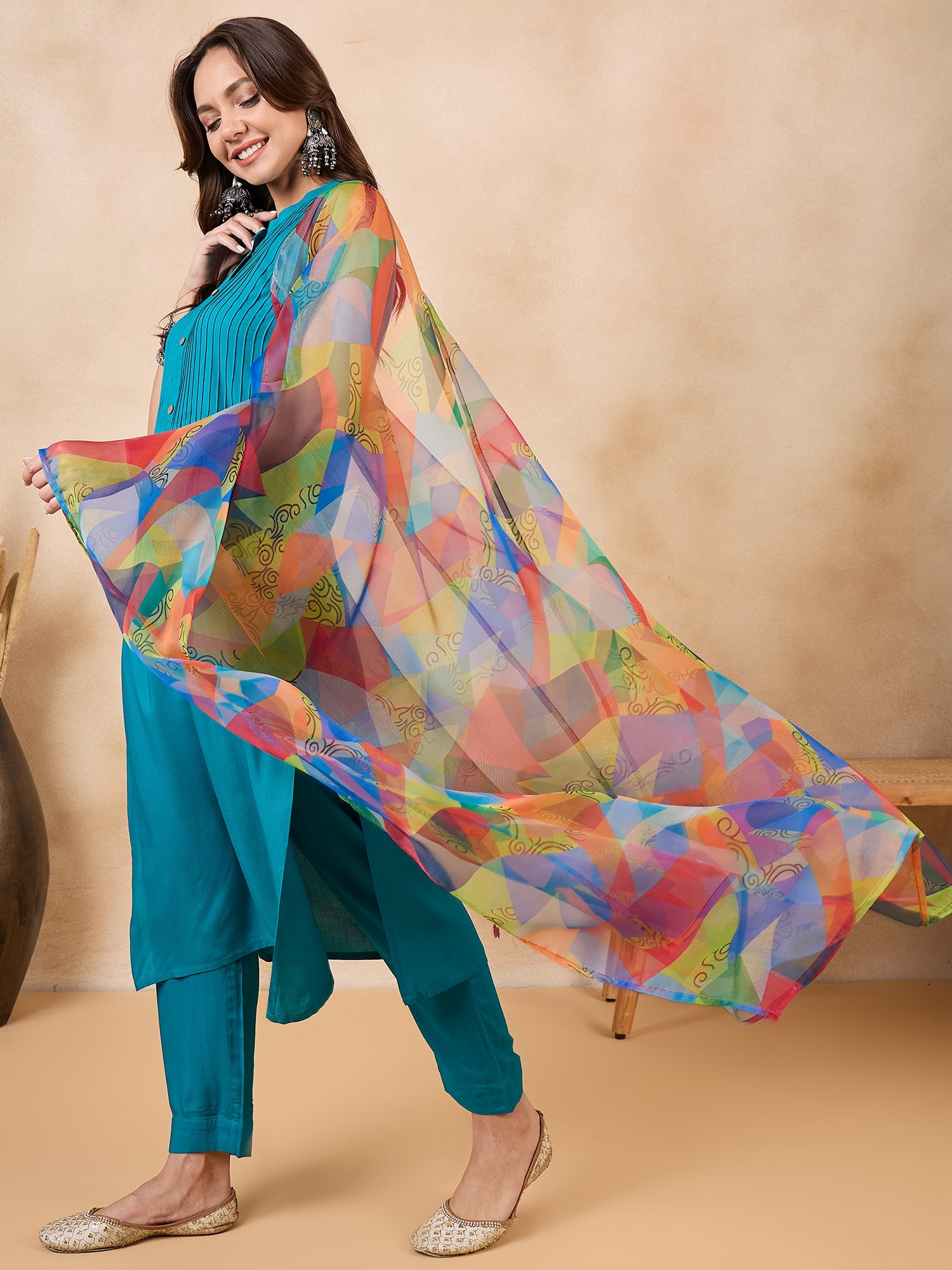 Green Big Abstarct Print Organza Dupatta