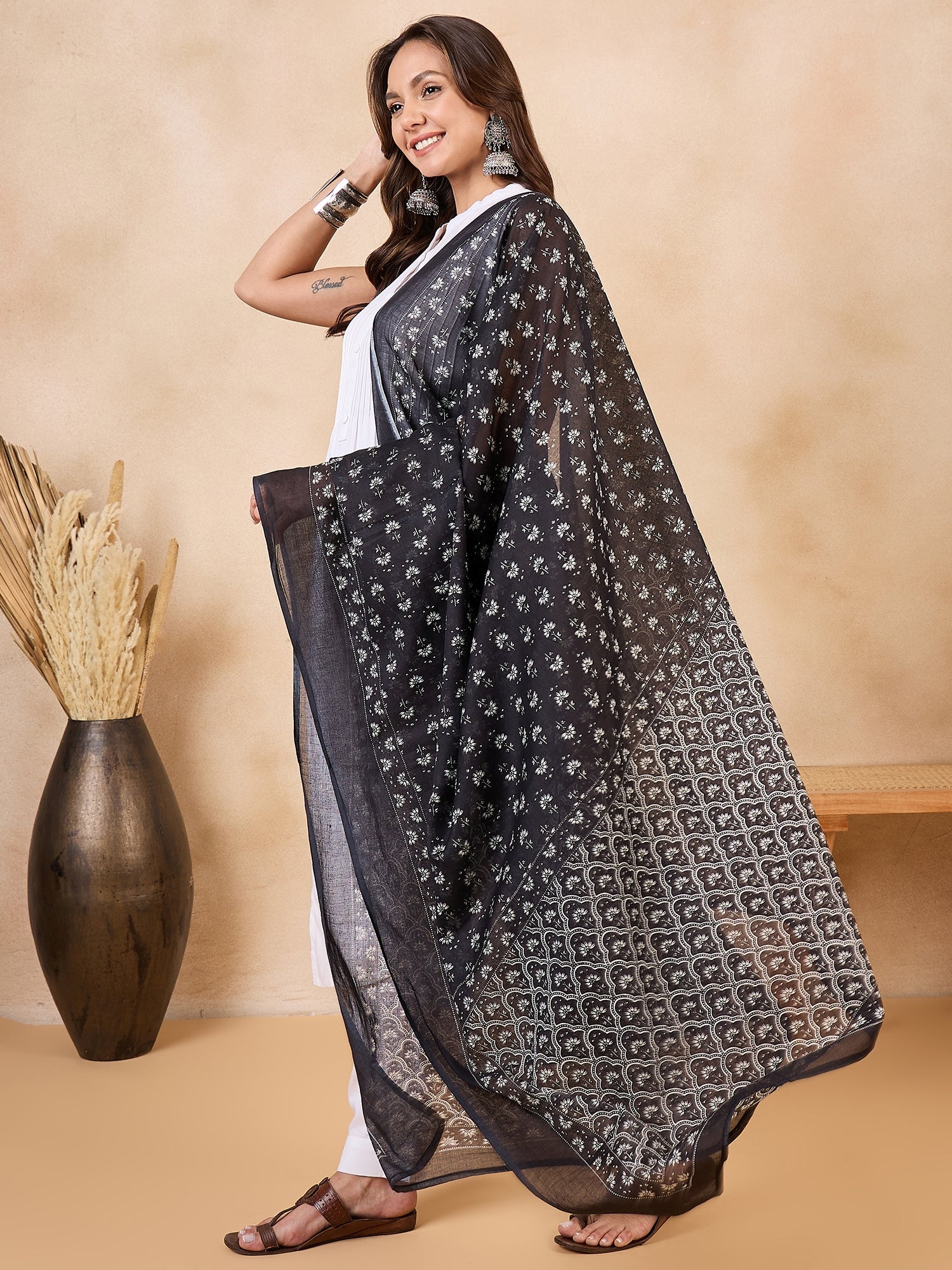 Black Chintz Print Cotton Dupatta