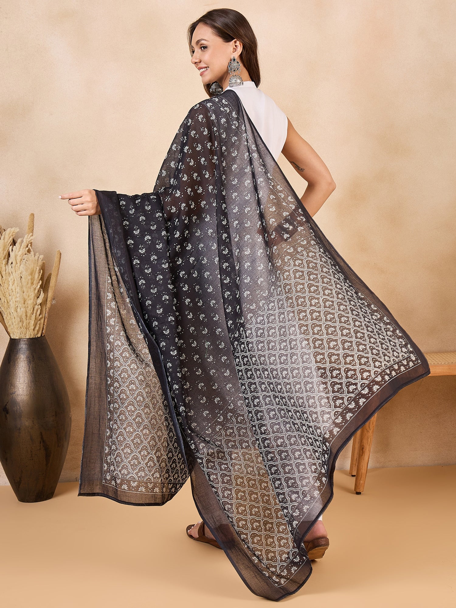 Black Chintz Print Cotton Dupatta