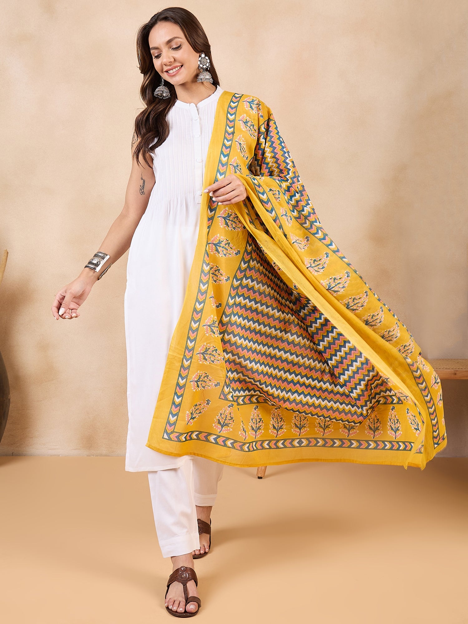 Yellow Blue Zig Zag Print Border Cotton Dupatta