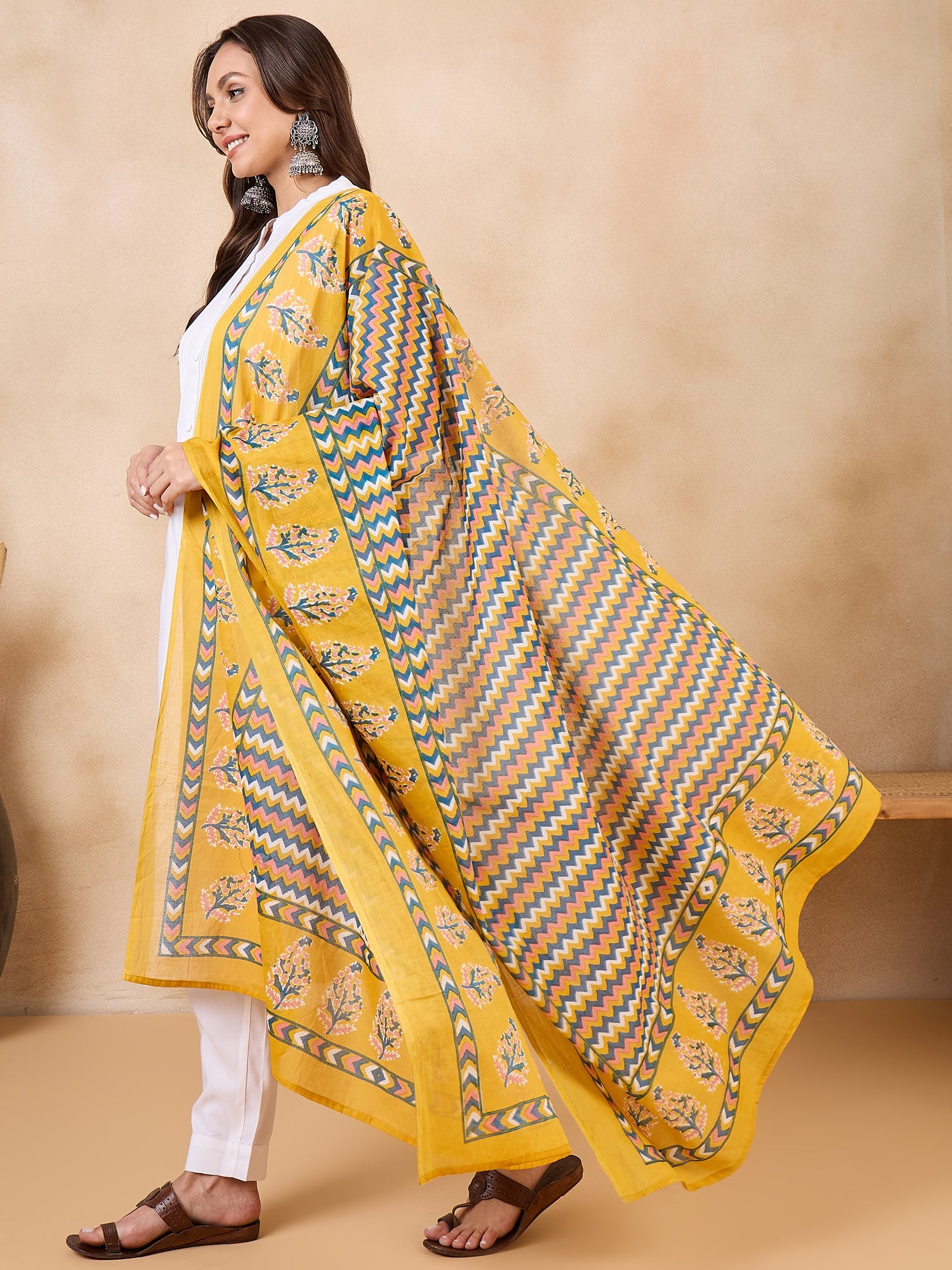 Yellow Blue Zig Zag Print Border Cotton Dupatta