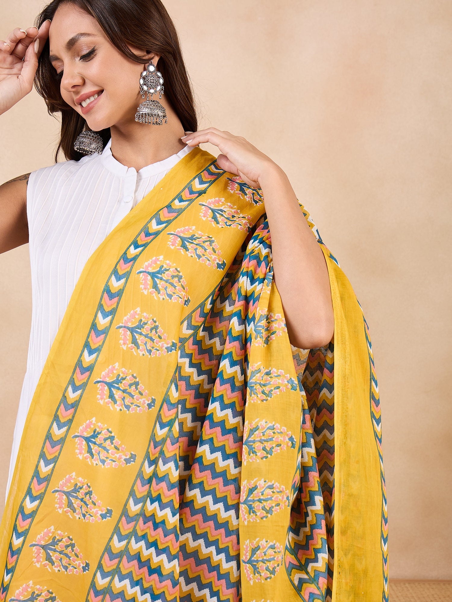 Yellow Blue Zig Zag Print Border Cotton Dupatta