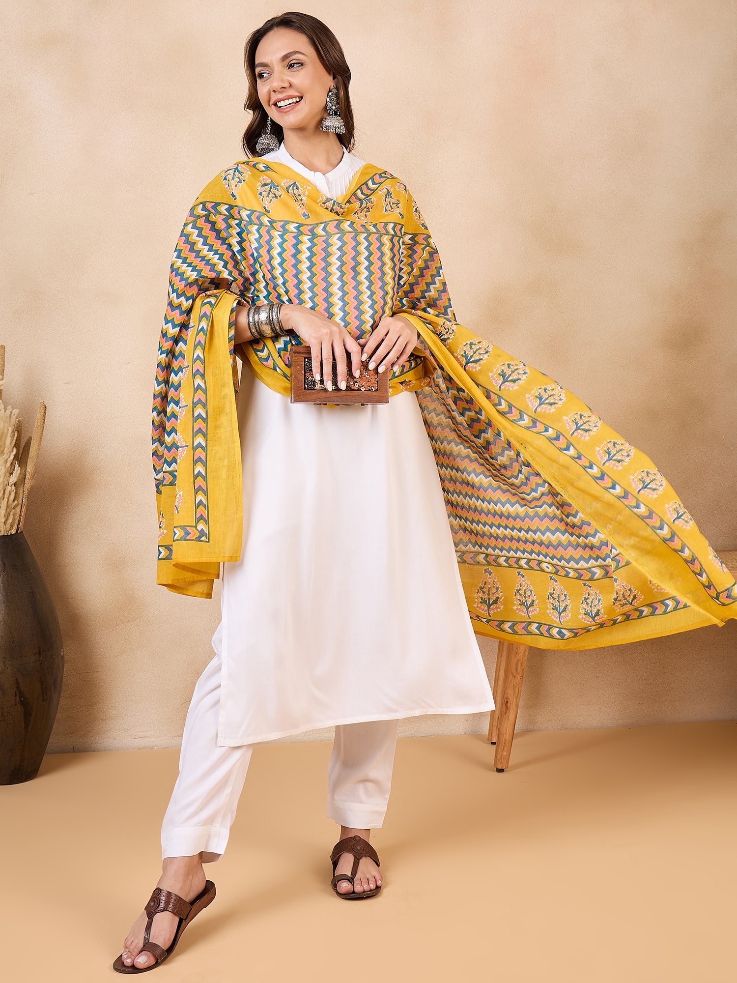 Yellow Blue Zig Zag Print Border Cotton Dupatta